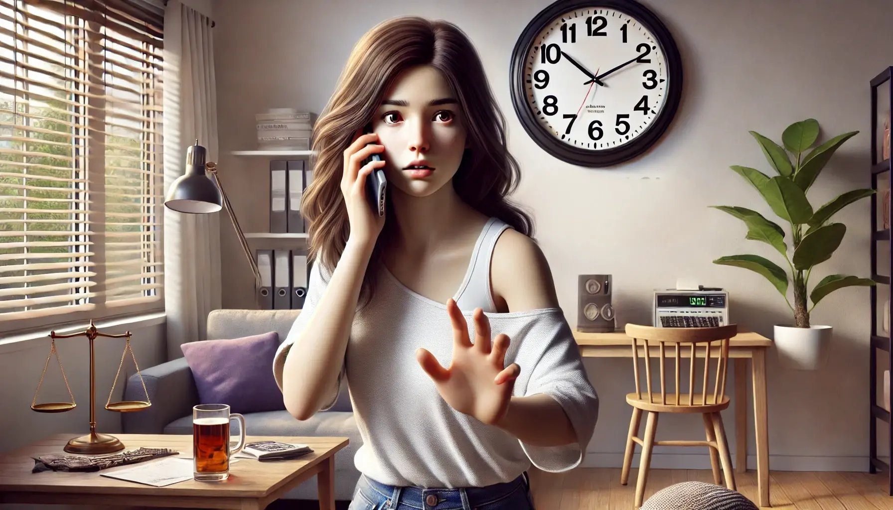 DALL·E 2024-08-05 19.25.24 - A realistic scene of a girl in a casual setting, holding a phone to her ear as she quickly calls a lawyer. Behind her, on the wall, theres a clock sh