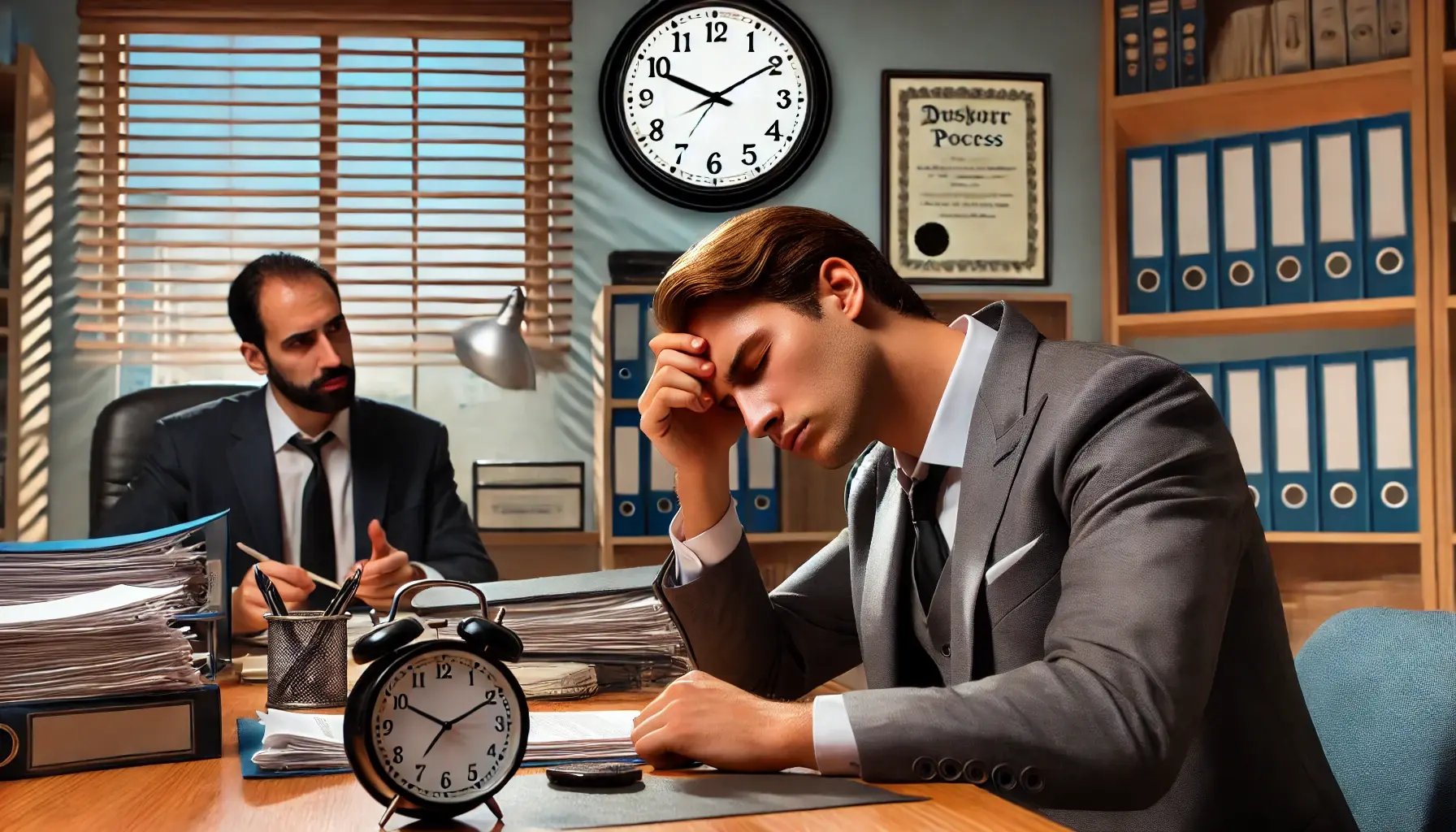 DALL·E 2024-08-06 20.52.16 - A man in an office setting, looking at a clock on the wall with a frustrated and exhausted expression. He is sitting across from a lawyer, who appears