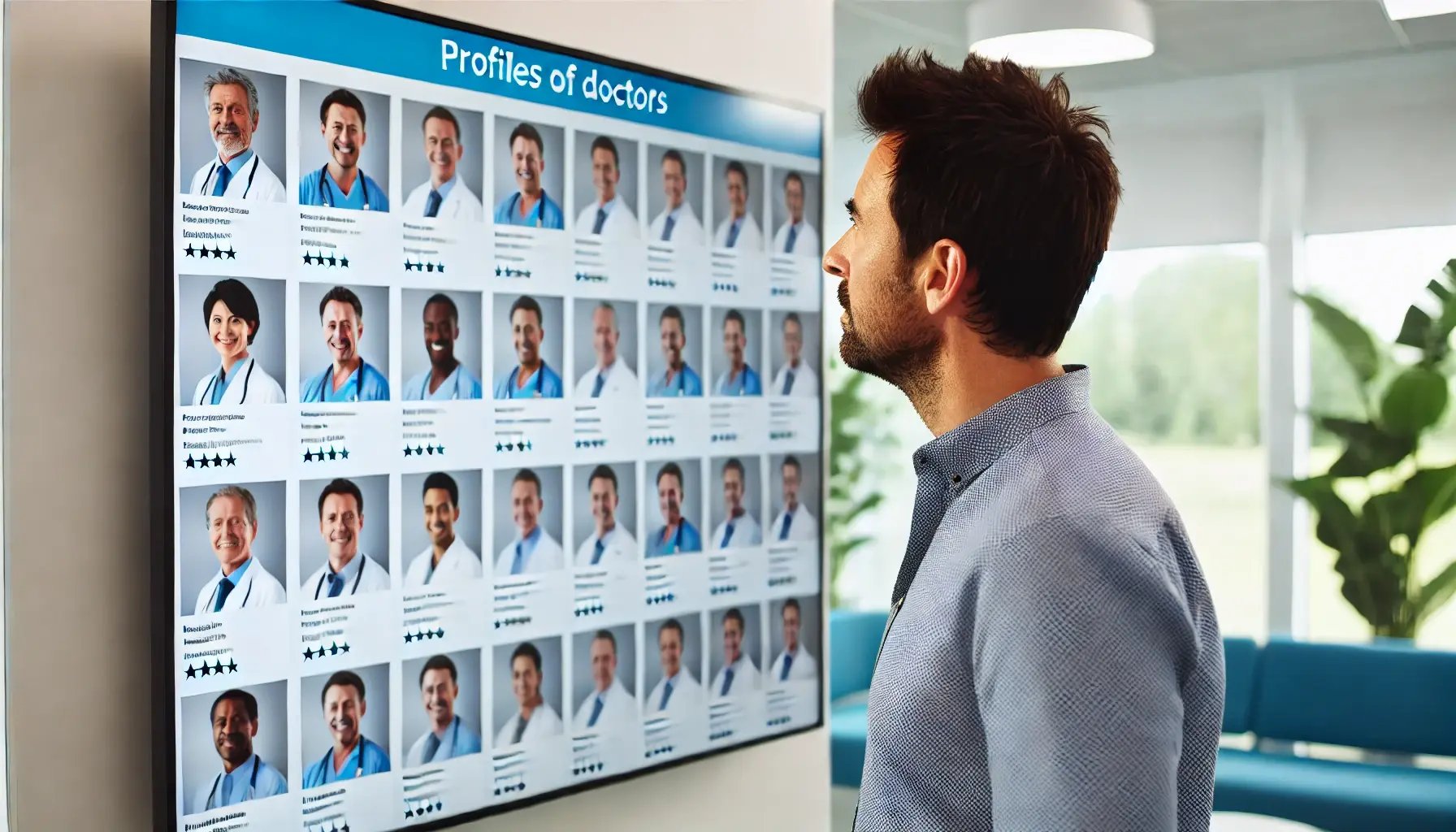 DALL·E 2024-08-07 15.55.02 - A man standing in front of a digital screen or bulletin board, examining various profiles of doctors. The screen displays doctors photos, names, spec