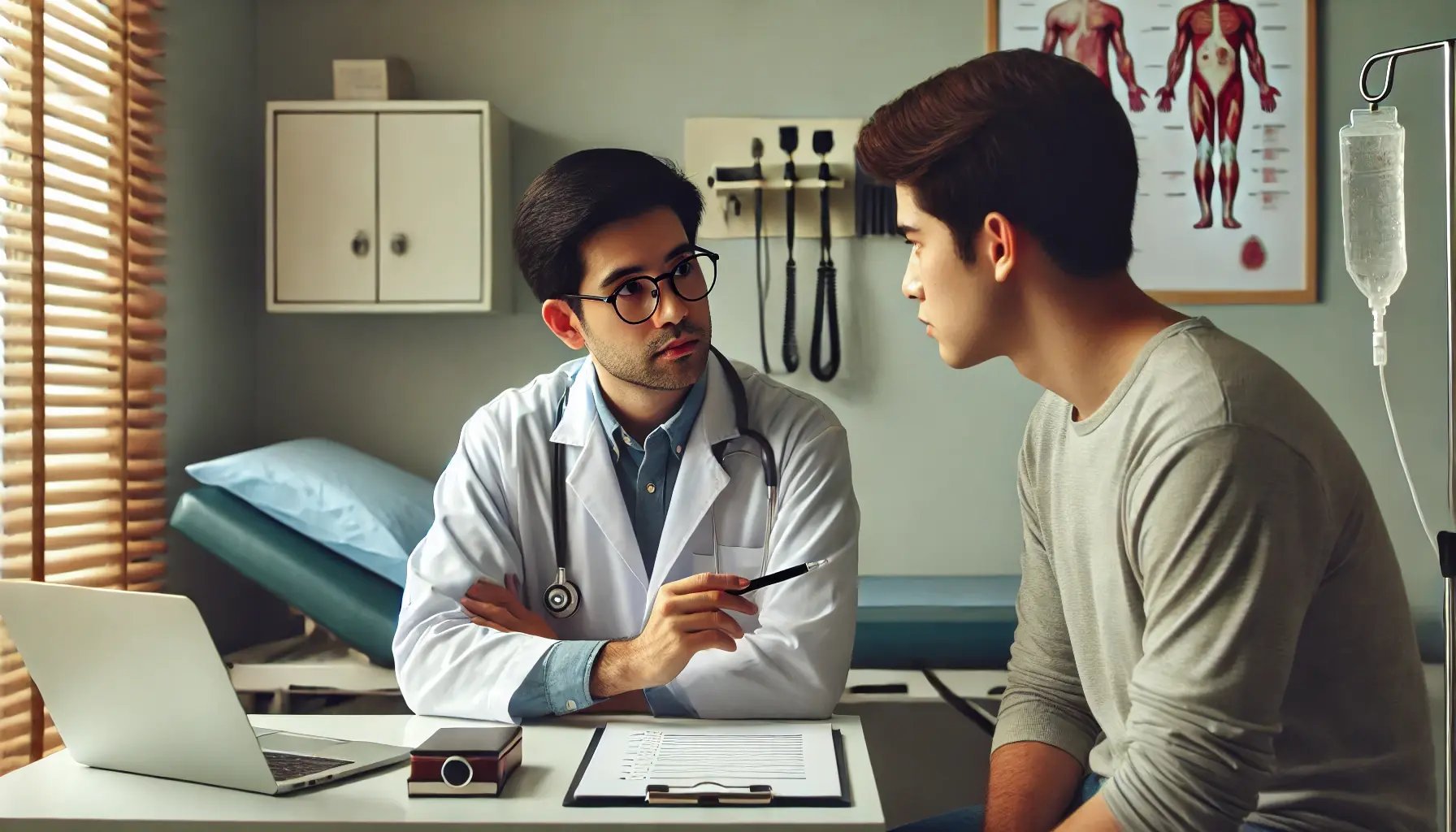 DALL·E 2024-08-07 15.56.27 - A doctor in a clinic, attentively examining a patient. The doctor is sitting at a desk with medical equipment and charts, while the patient, seated ac