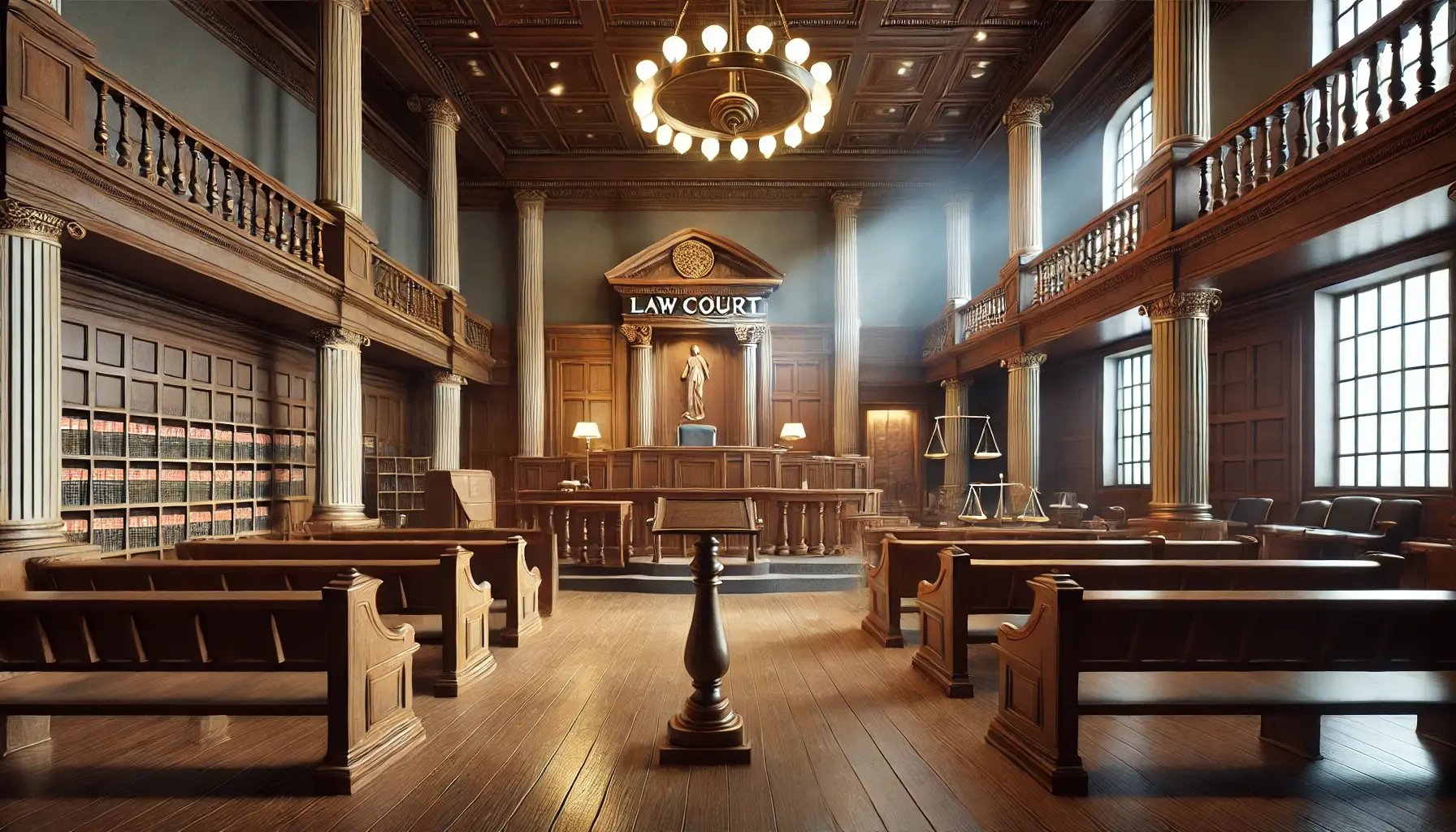 DALL·E 2024-08-09 19.58.49 - A photorealistic image of a law court interior. The scene features a large, elegant courtroom with wooden benches, a judges bench, and a witness stan