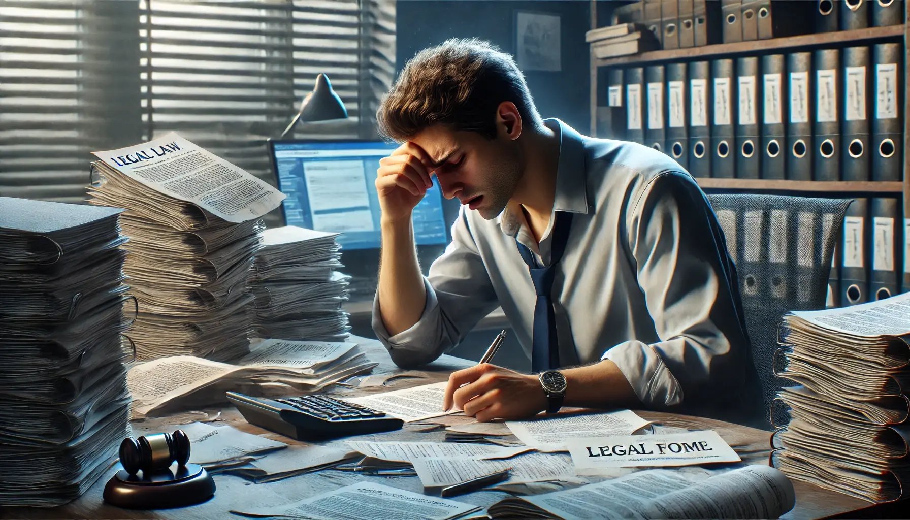 DALL·E 2024-08-16 17.43.30 - A photorealistic image depicting a man struggling as he files a legal case. The man is seated at a cluttered desk filled with legal documents, his exp