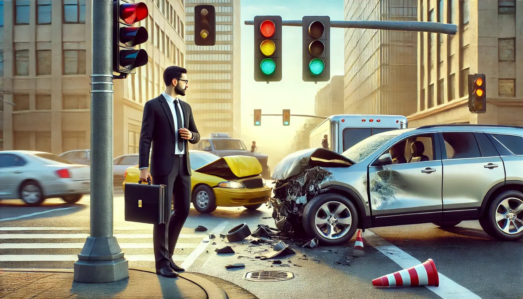 DALL·E 2024-08-22 17.19.46 - A photorealistic image depicting a car accident at an intersection caused by a yellow traffic light, with a lawyer arriving at the scene. The lawyer i