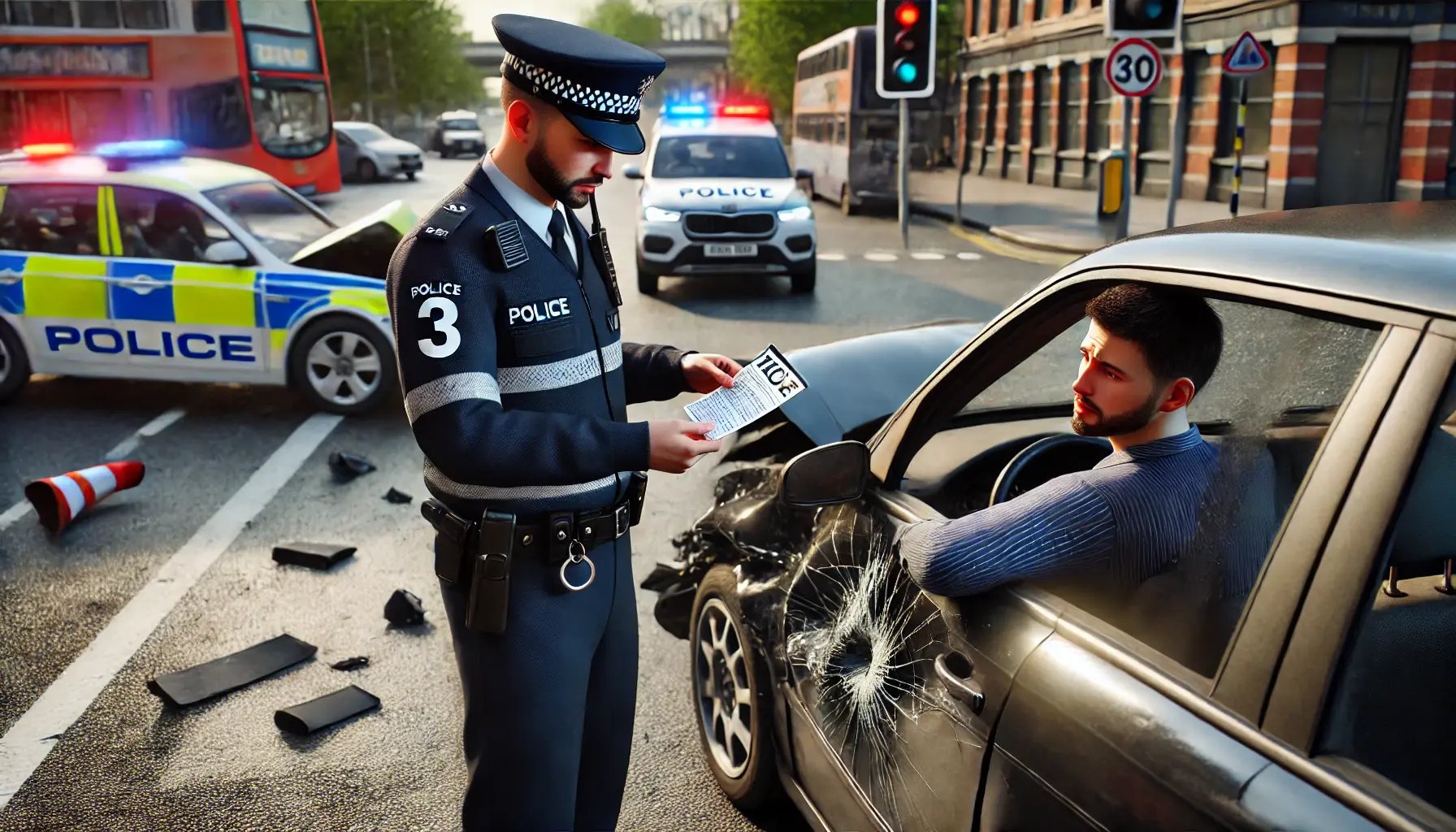 DALL·E 2024-08-22 17.21.32 - A photorealistic image showing a police officer giving a ticket to a driver at fault after a car accident. The scene is set at the site of the acciden