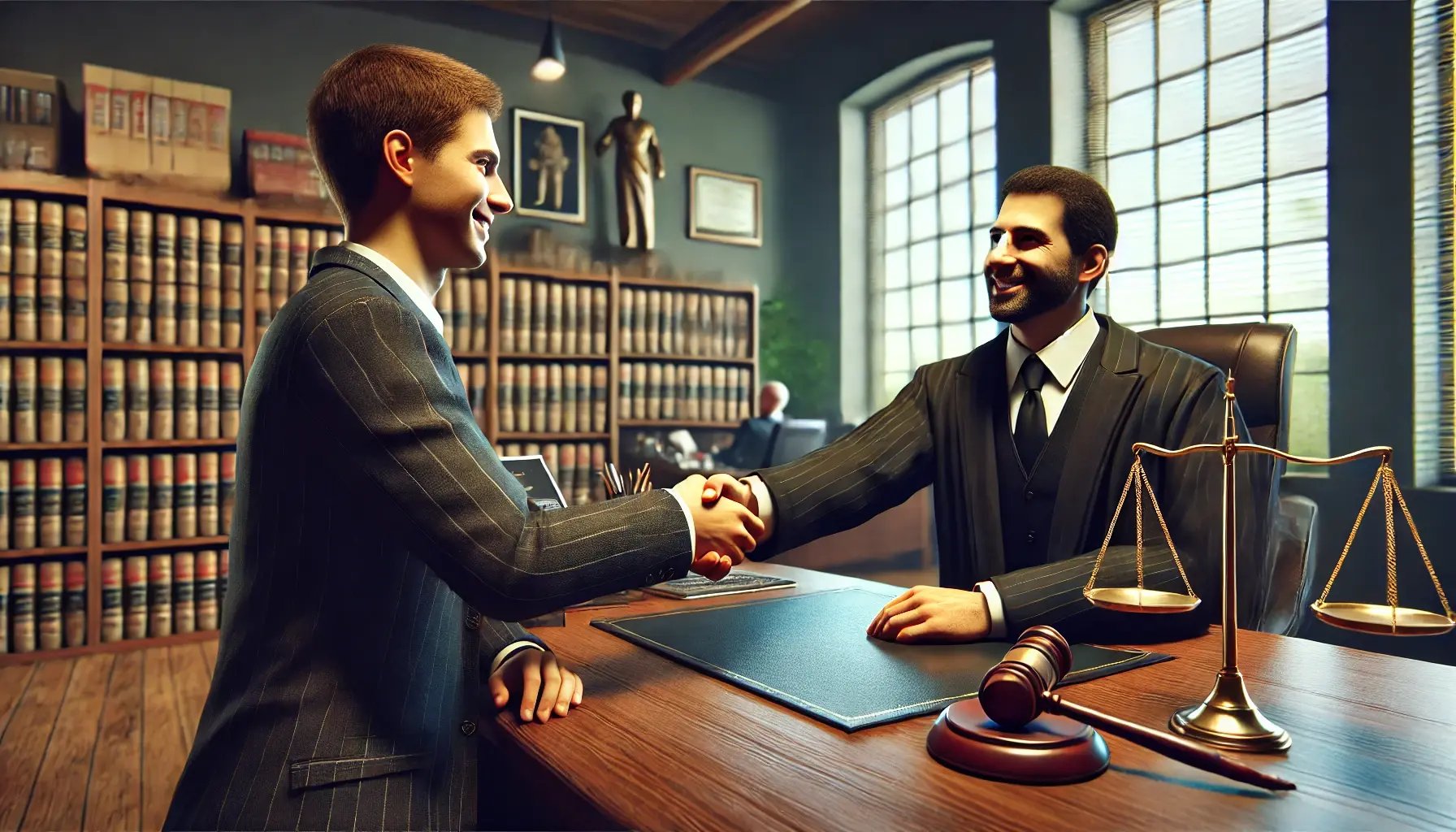 DALL·E 2024-08-28 19.40.55 - A photorealistic image of a person shaking hands with a lawyer in a professional office setting. The scene shows a positive interaction, with both the