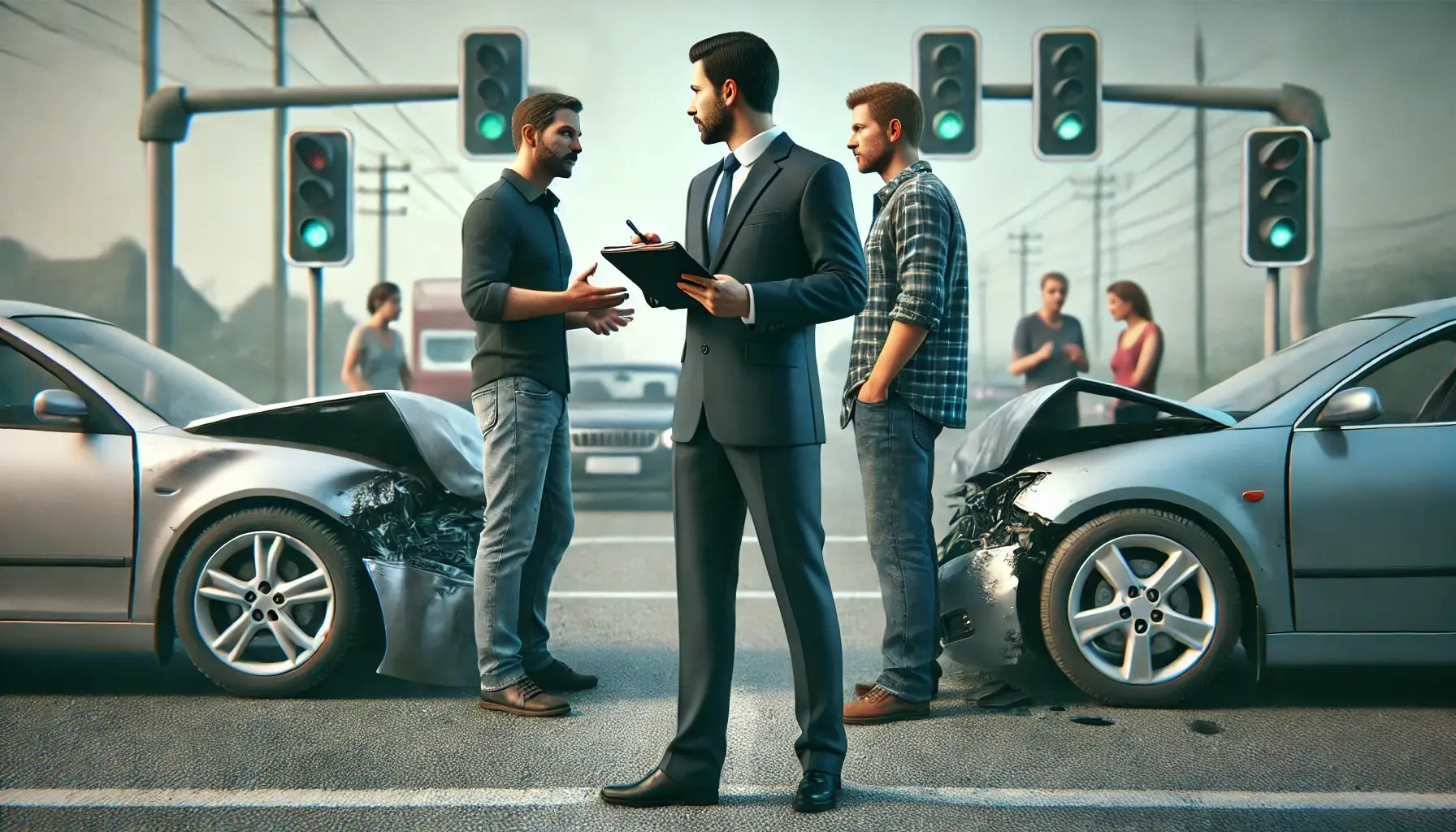 DALL·E 2024-08-29 20.54.56 - A photorealistic image depicting two drivers arguing after a car accident, with a lawyer present at the scene analyzing the case. The lawyer is standi