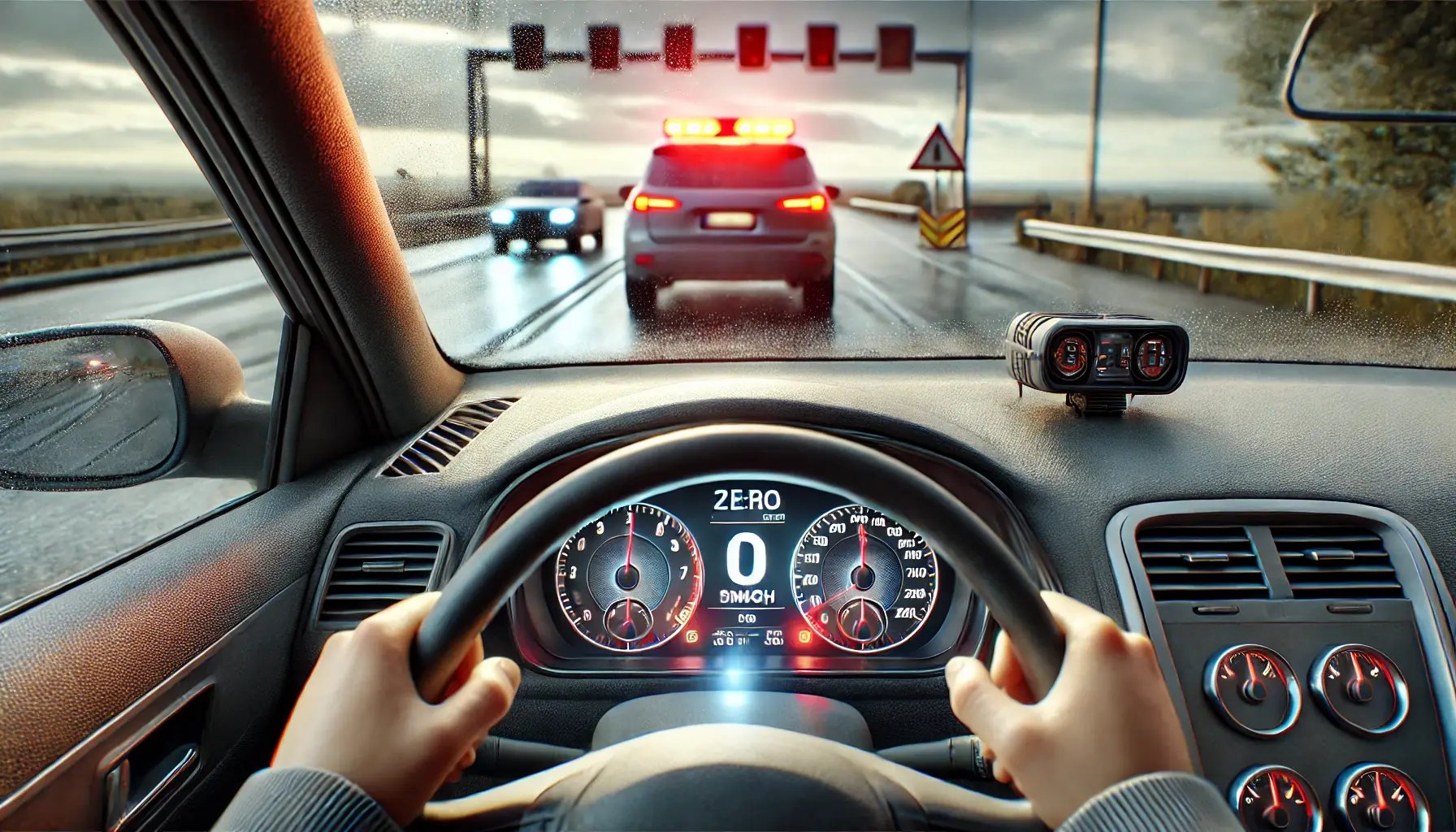 A photorealistic image showing the interior of a vehicle that came to a sudden stop. The focus is on the speedometer , which is at zero, indicating the