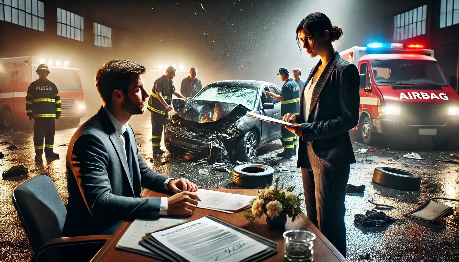 DALL·E 2024-09-11 17.23.56 - A cinematic and ultra-realistic image of a person suing a businessman for the failure of an airbag to deploy, set at the scene of a car accident. The 