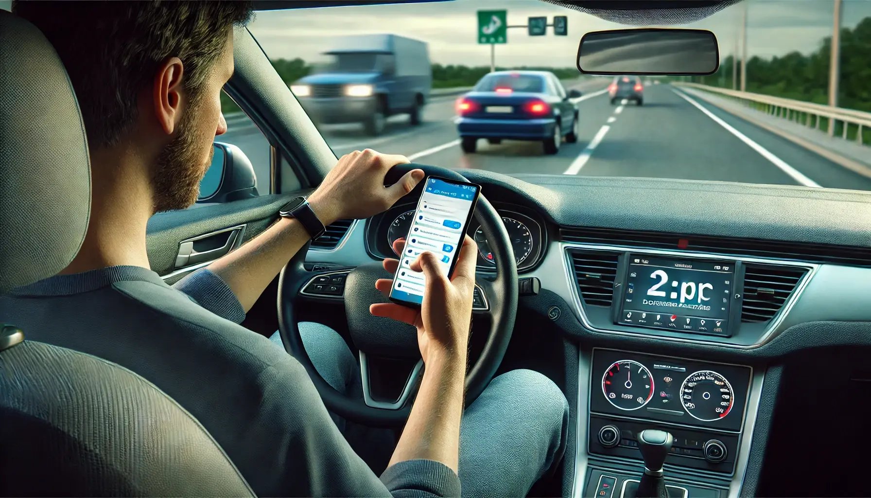 DALL·E 2024-09-13 19.22.52 - A photorealistic image of a man scrolling on his smartphone while driving a car. The scene is set inside the vehicle, with the man holding the steerin