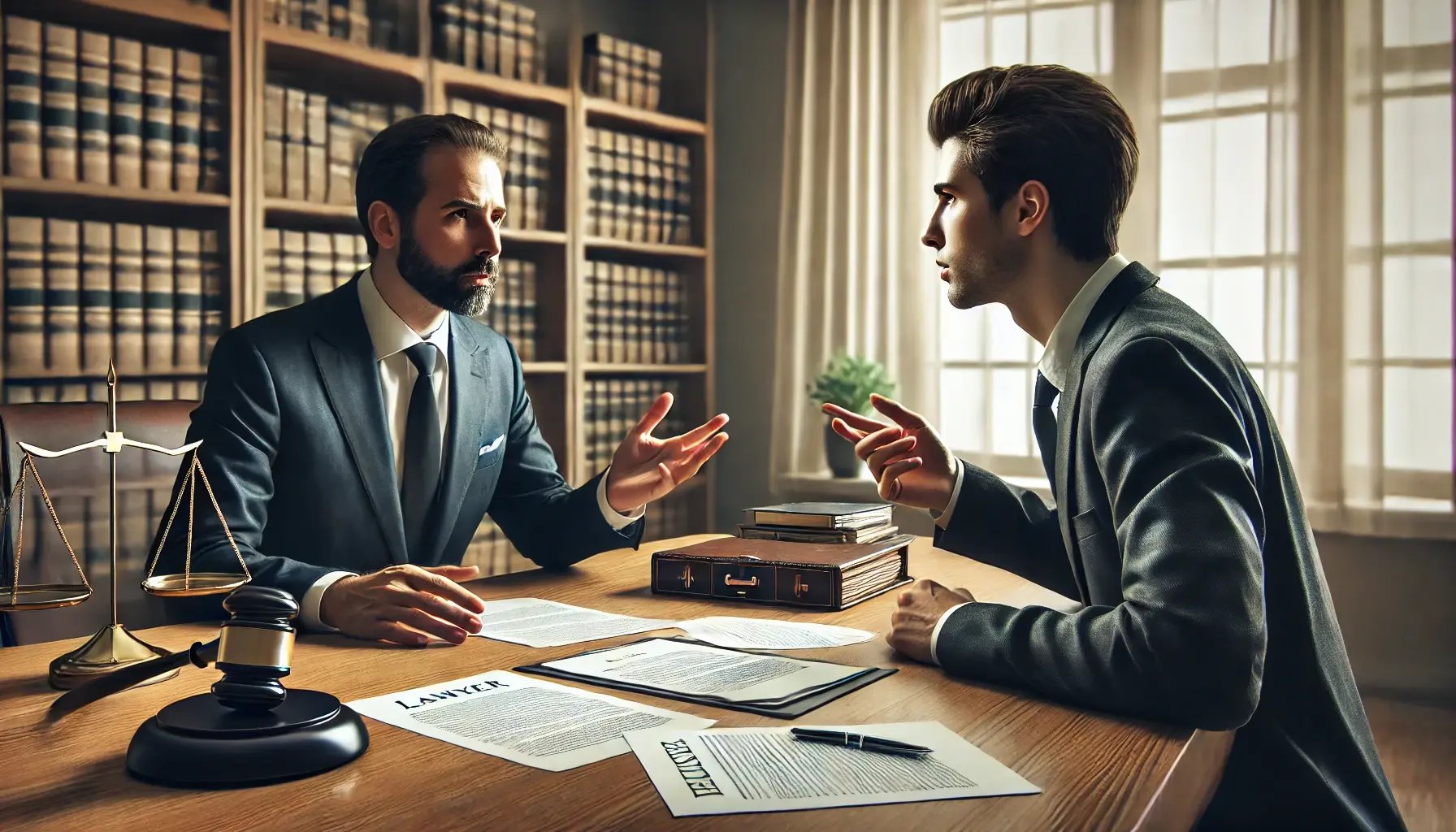 A photorealistic image depicting a lawyer negotiating with a man who is asking for more money than necessary after a car accident. The lawyer is seate