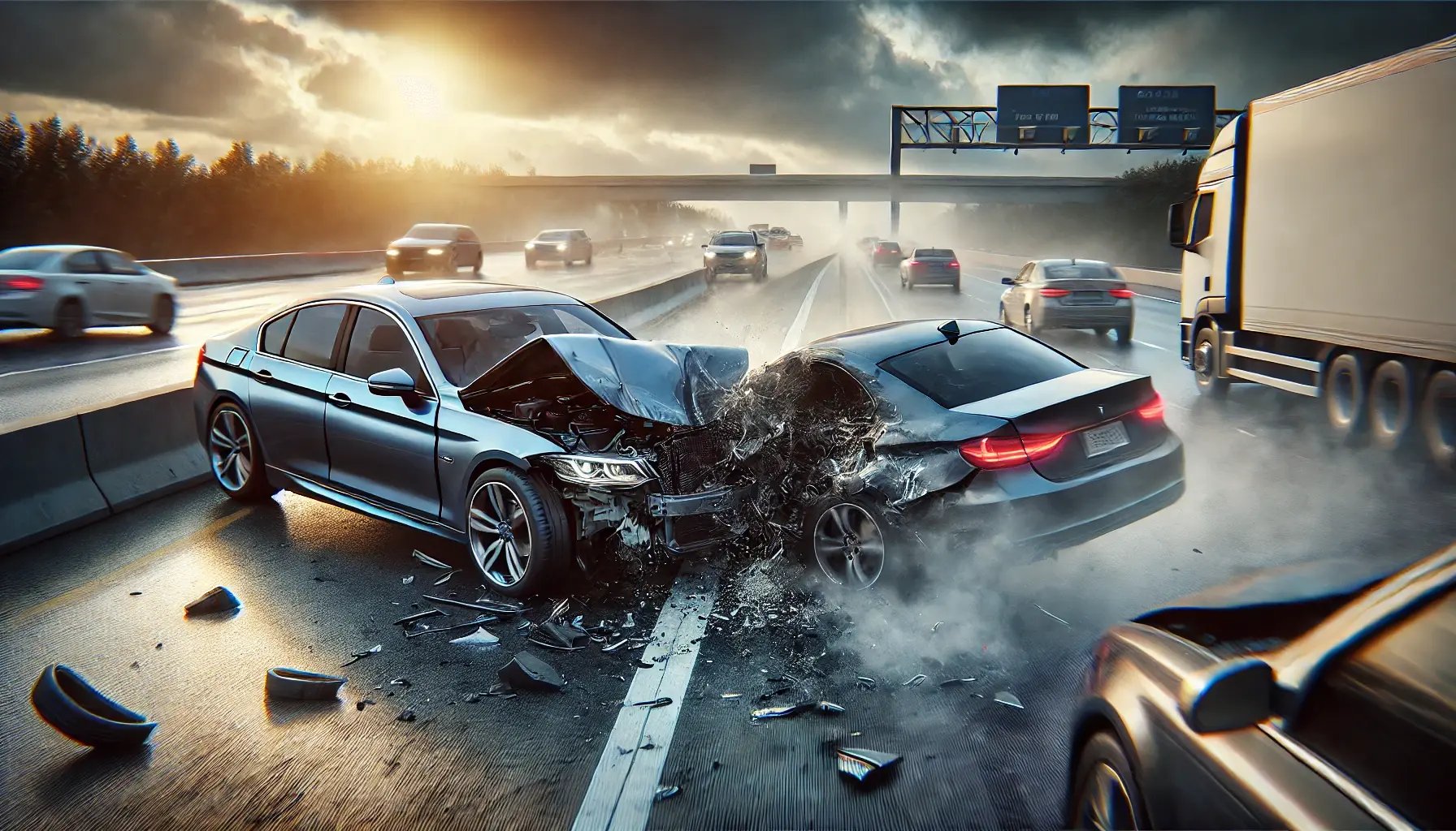 DALL·E 2024-10-03 15.33.51 - A hyper-realistic, cinematic image showing two cars involved in an accident caused by an improper lane change. One car is swerving into the lane of an