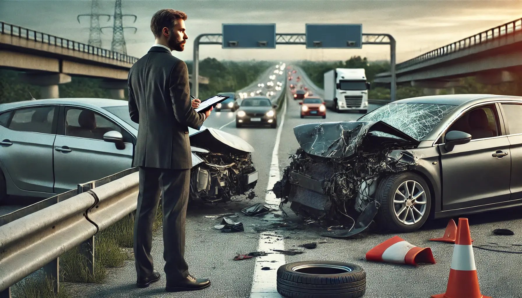 DALL·E 2024-10-03 15.35.41 - A hyper-realistic, cinematic image of a car accident scene where an insurance agent is present. The agent, dressed in a professional outfit, is seen s