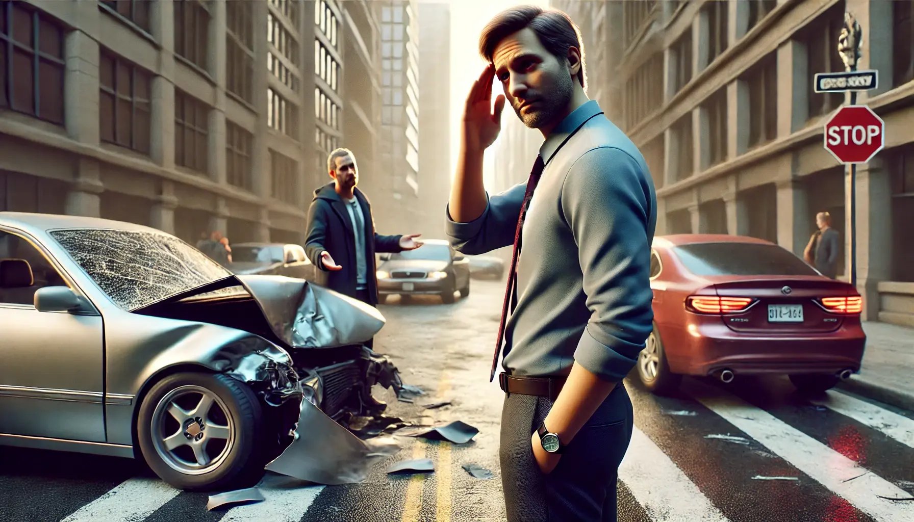 DALL·E 2024-10-15 18.52.53 - A hyper-realistic, detailed, and cinematic scene of a man apologizing after a minor car accident. The man stands near his slightly damaged car, with o