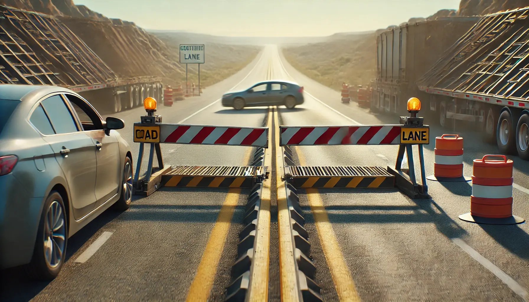 DALL·E 2024-10-16 21.10.42 - A hyper-realistic, cinematic scene of a two-lane road, showing a large barrier on one side of the road while the other lane remains clear. A car is ap