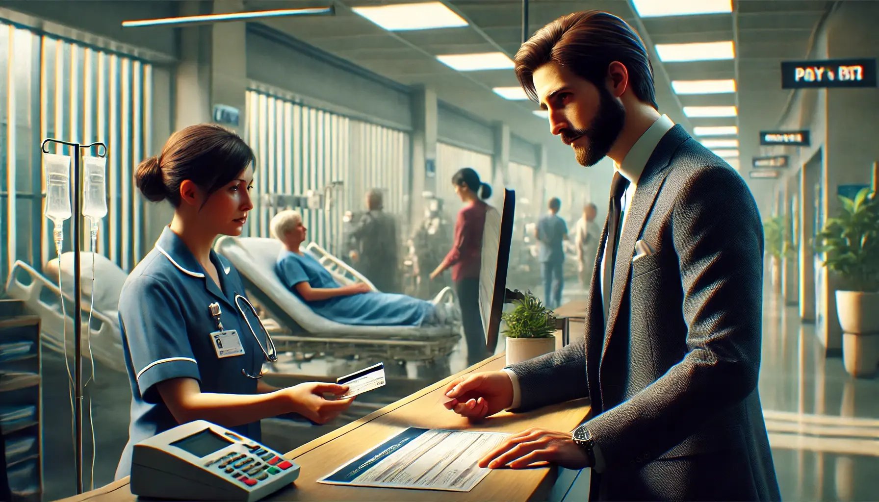 DALL·E 2024-10-17 15.15.07 - A hyper-realistic, detailed, and cinematic scene of a businessman in a hospital, paying a medical bill. The businessman, dressed in a suit, is standin