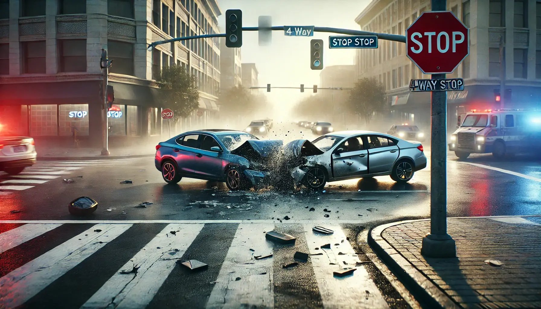 DALL·E 2024-10-24 16.54.16 - A hyper-realistic and cinematic image of a car accident at a 4-way stop intersection. Two cars are involved in a collision, one vehicle has crashed in