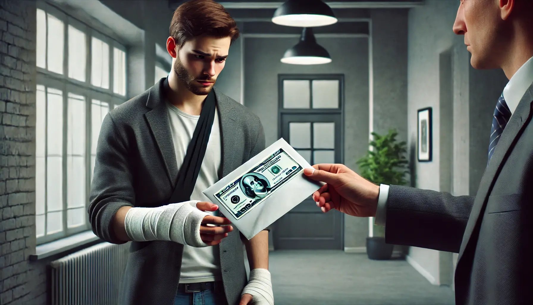 DALL·E 2024-10-29 17.46.34 - A hyper-realistic, detailed, and cinematic image showing a scene of a disappointed person receiving a compensation envelope from an insurance company