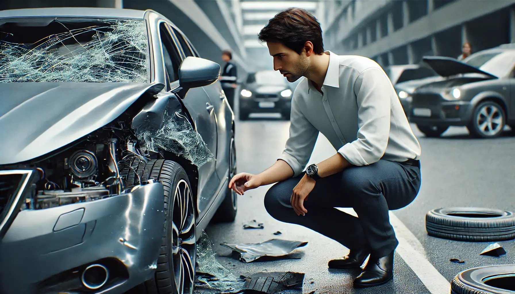 DALL·E 2024-11-06 19.45.03 - A hyper-realistic, cinematic image of a man assessing a car accident scene. The man is observing the damage closely, with a serious expression, examin