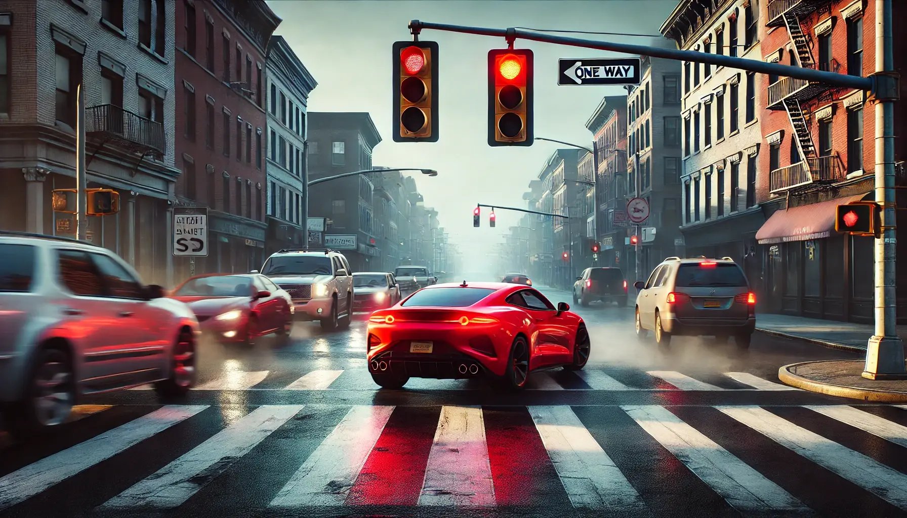 A hyper-realistic, cinematic image of a car breaking traffic rules. The scene shows a red car speeding through a red light at an intersection, narrowl