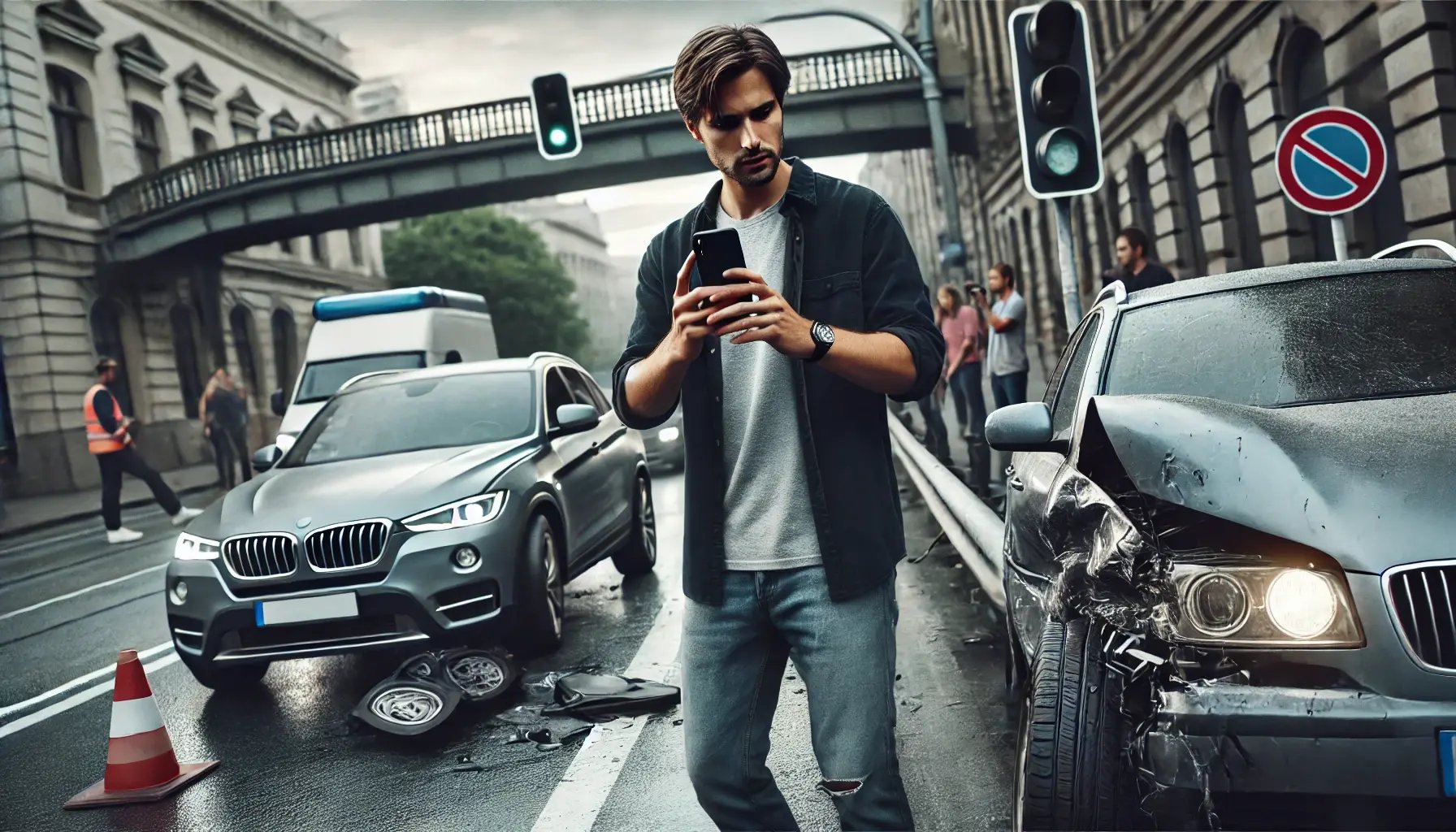 DALL·E 2024-11-25 20.48.17 - A hyper-realistic and cinematic image of a man documenting a car accident scene. The man, in his late 20s, wearing casual clothing, is holding a smart