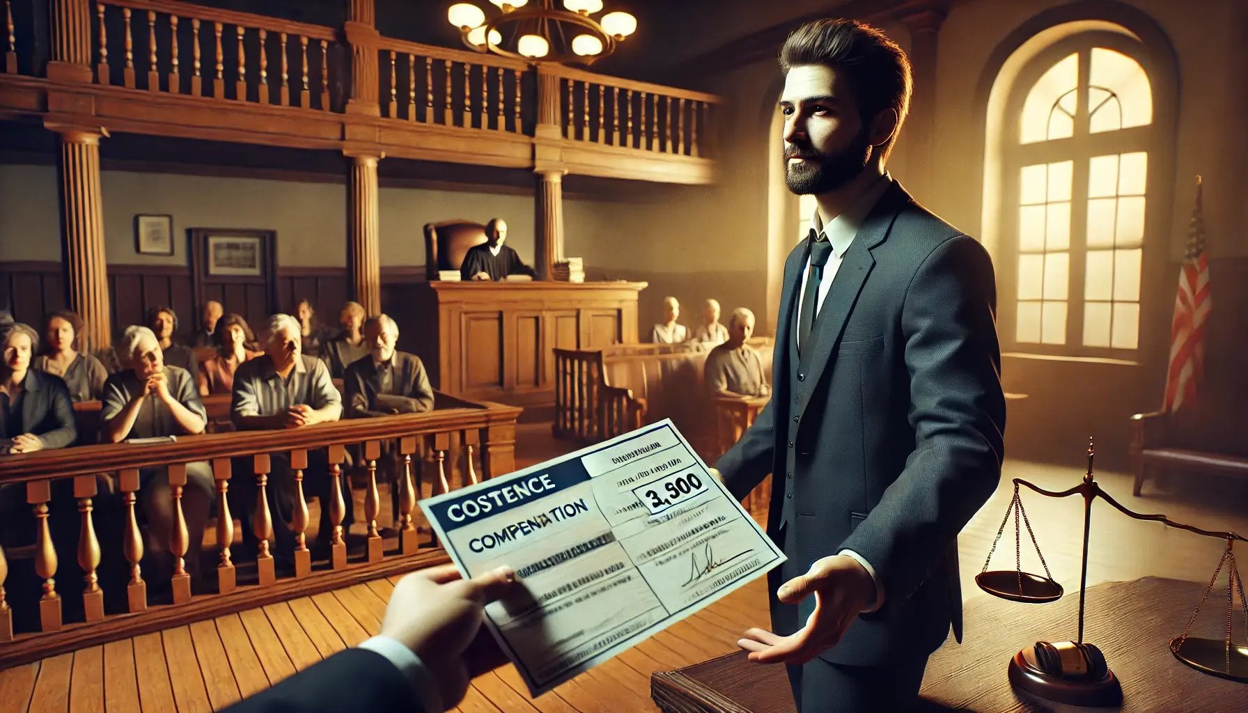 DALL·E 2024-11-27 19.19.51 - A hyper-realistic cinematic image of a courtroom scene, showing a man receiving compensation after a successful jury verdict. The man stands at the fo