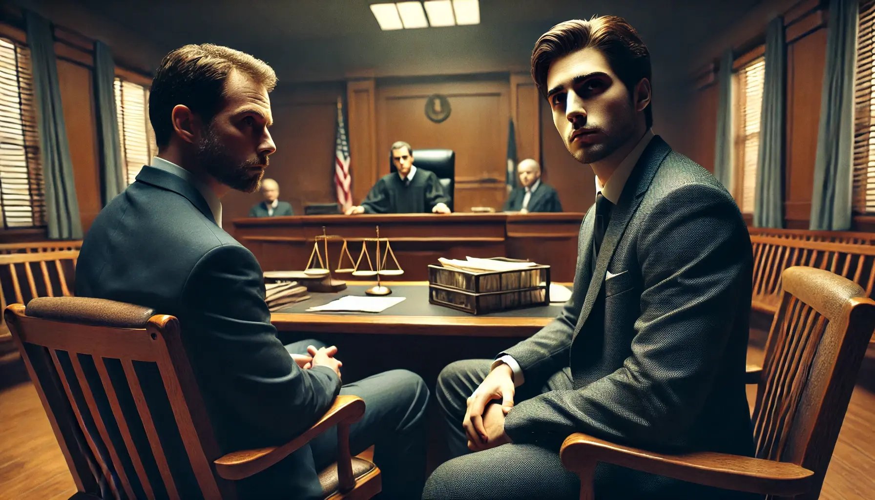 DALL·E 2024-11-27 19.21.28 - A hyper-realistic cinematic image of a courtroom scene, showing a tense moment between two men. One man is sitting at the plaintiff’s table with a con