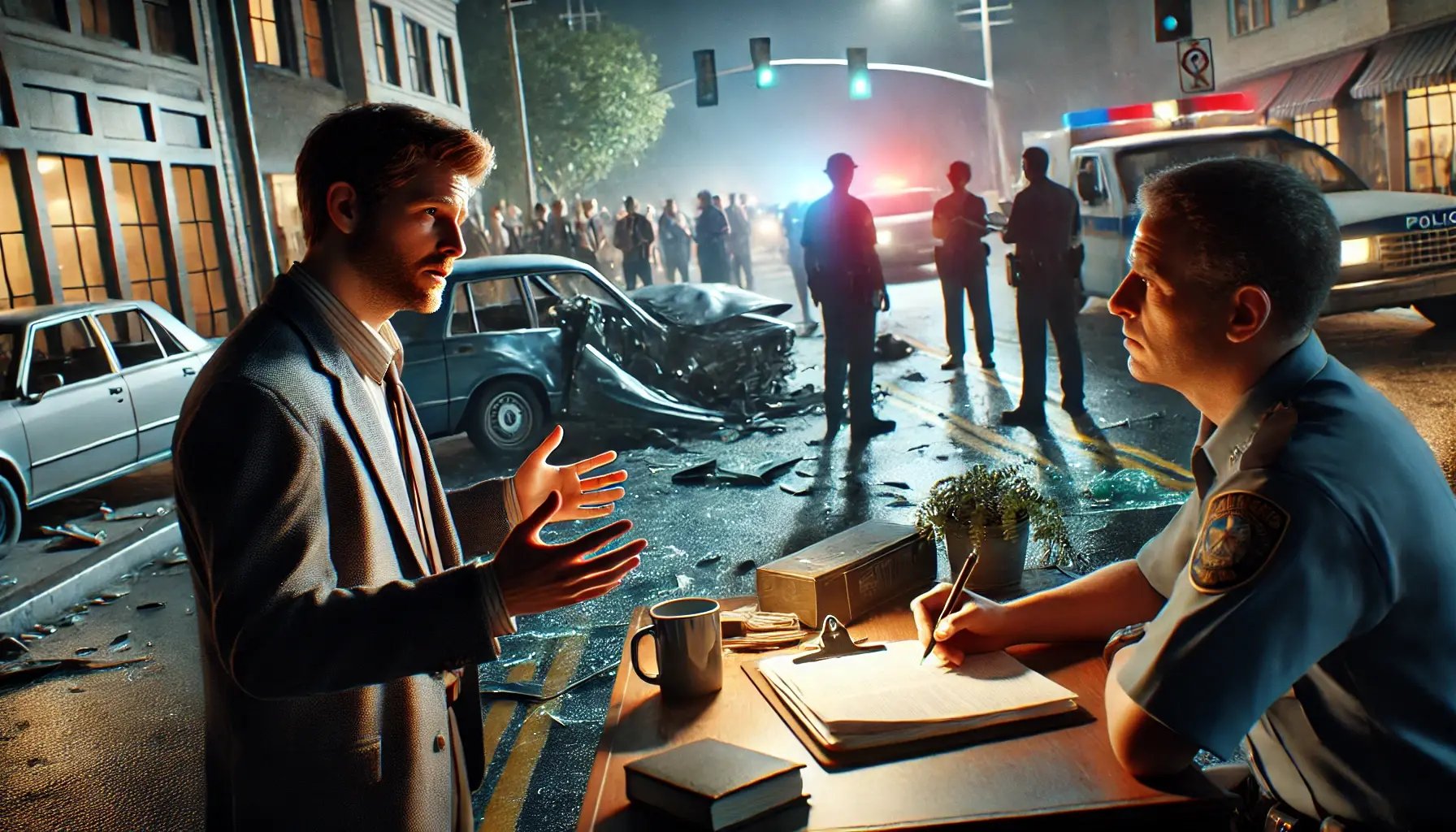 DALL·E 2024-12-13 20.47.06 - A hyper-realistic, detailed, cinematic image of a man talking to a police officer at the site of a car accident. The scene depicts a tense but compose