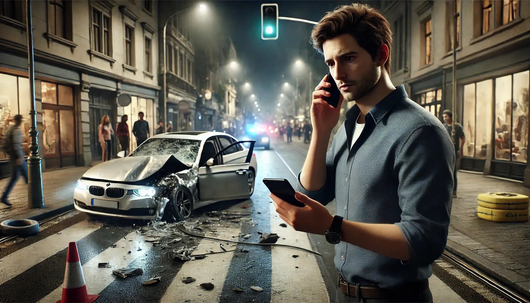 DALL·E 2025-01-03 16.45.41 - A hyper-realistic, cinematic image of a man standing at an accident site, holding a smartphone to his ear while looking concerned. The scene shows a s