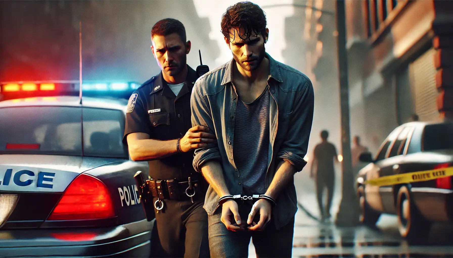 DALL·E 2025-01-03 16.55.45 - A hyper-realistic, cinematic image of a man in handcuffs being escorted by a police officer. The man is wearing casual clothes and looks distressed, w