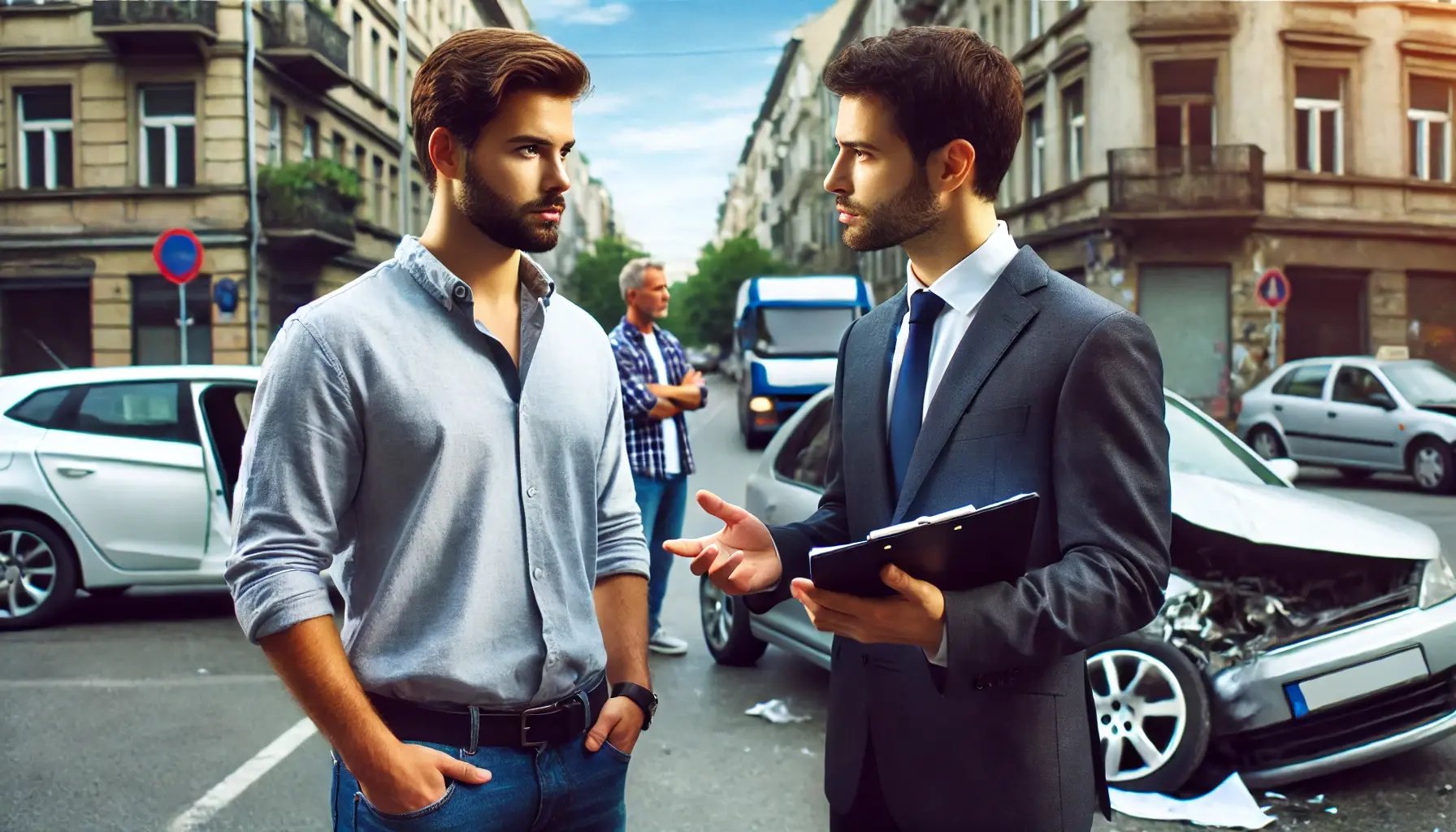 DALL·E 2025-01-03 17.10.12 - A hyper-realistic, cinematic image of a man in a business-casual outfit talking to an insurance agent at an outdoor accident site. The man looks conce