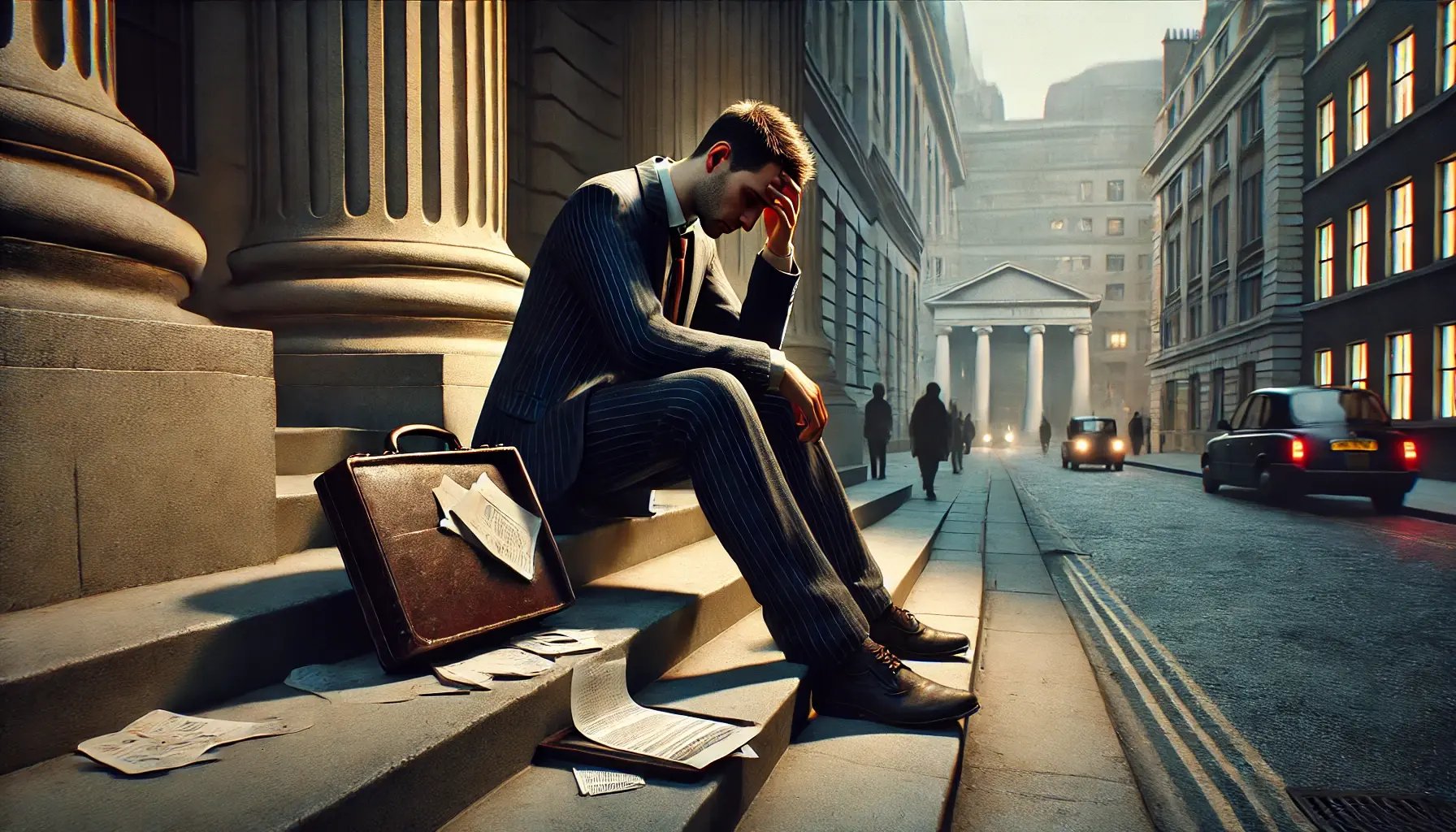 DALL·E 2025-01-03 17.11.04 - A hyper-realistic, cinematic image of a man sitting on the steps of a courthouse or financial institution, looking dejected and holding his head in hi