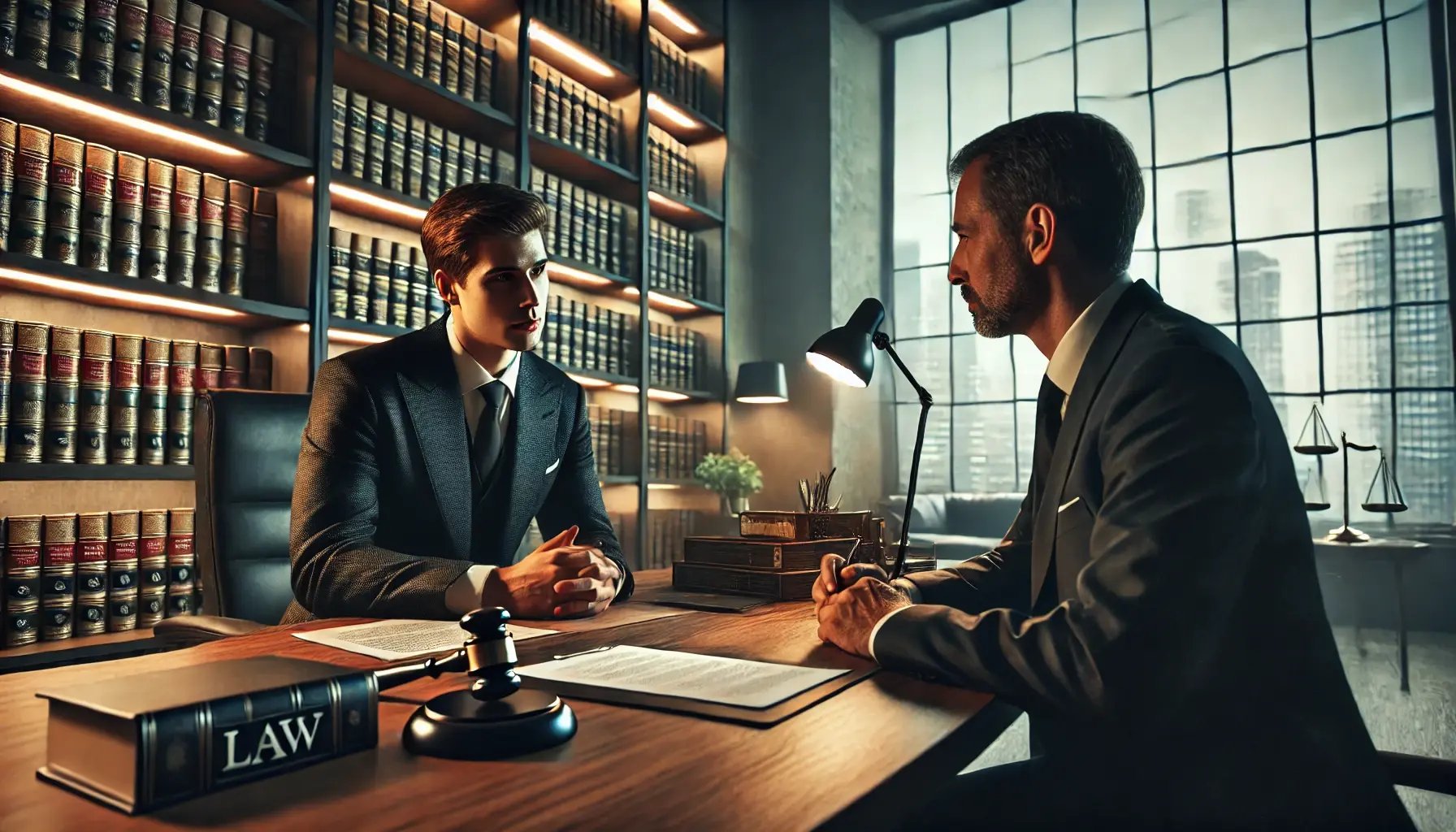 DALL·E 2025-01-17 20.34.10 - A hyper-realistic and detailed cinematic image of a man having a serious conversation with a lawyer in a modern law office. The man appears concerned,