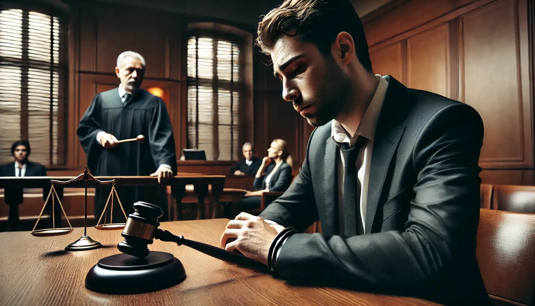 DALL·E 2025-01-20 15.27.56 - A dramatic courtroom scene focusing on a guilty man. The man has a distressed expression, sitting at the defendants table with his head slightly lowe