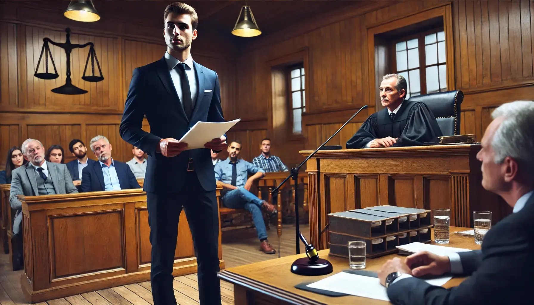 DALL·E 2024-08-06 16.42.20 - A man standing in a courtroom, presenting his case instead of a lawyer. He is at a podium, holding some documents and addressing the judge. The judge 