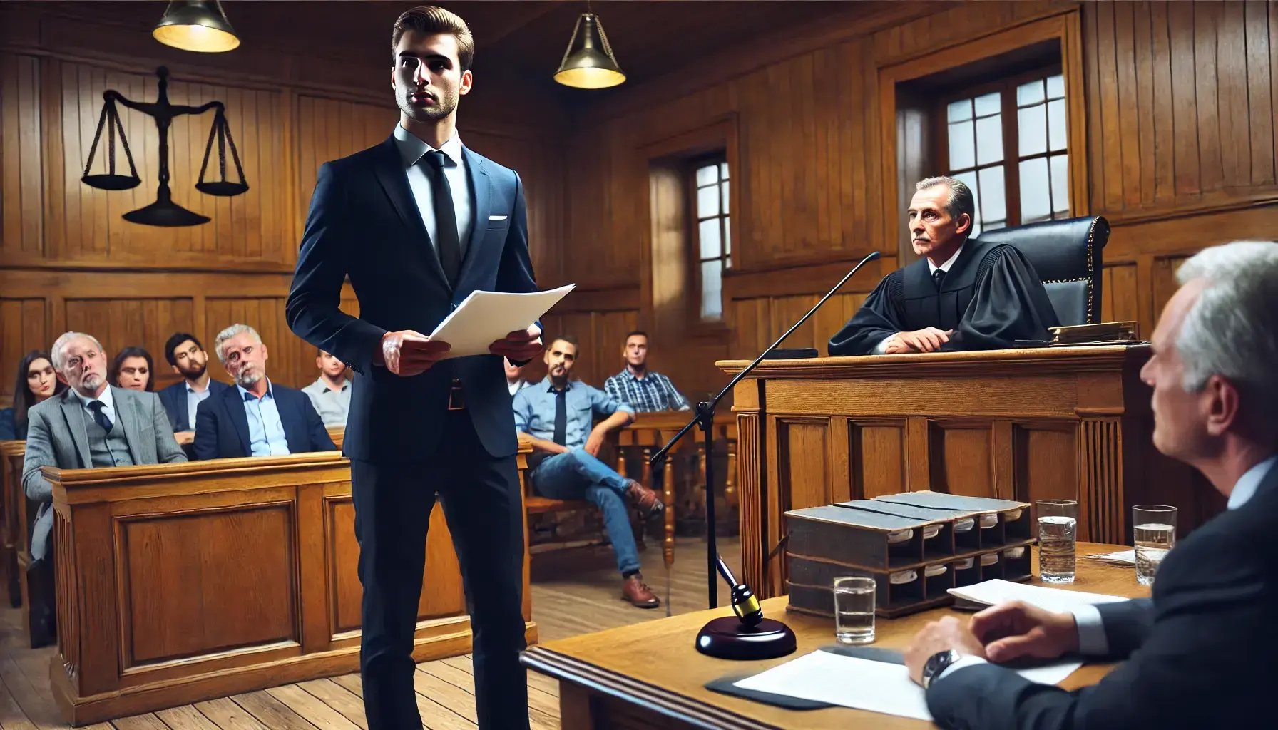 DALL·E 2024-08-06 16.42.20 - A man standing in a courtroom, presenting his case instead of a lawyer. He is at a podium, holding some documents and addressing the judge. The judge
