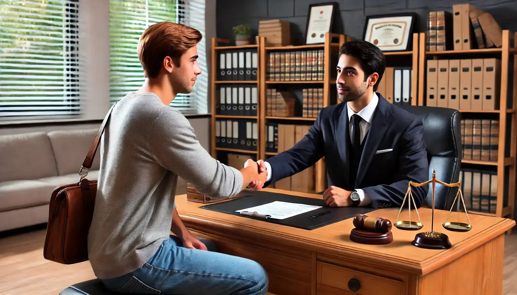 DALL·E 2024-08-06 20.43.10 - A man in an office setting, shaking hands with a lawyer he has just hired. The lawyer is seated behind a desk, with legal documents and a briefcase on