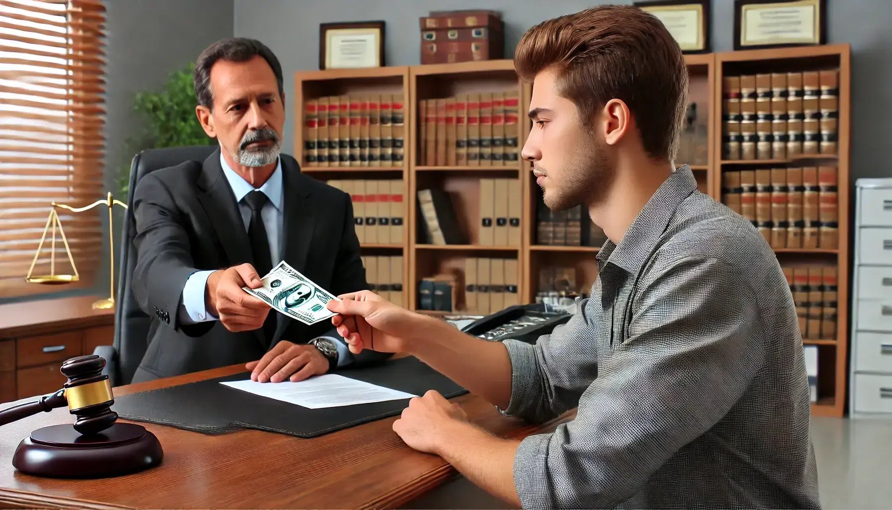 DALL·E 2024-08-06 20.46.10 - A man in an office setting, handing over money to a lawyer. The lawyer is seated behind a desk, accepting the payment with a serious and professional