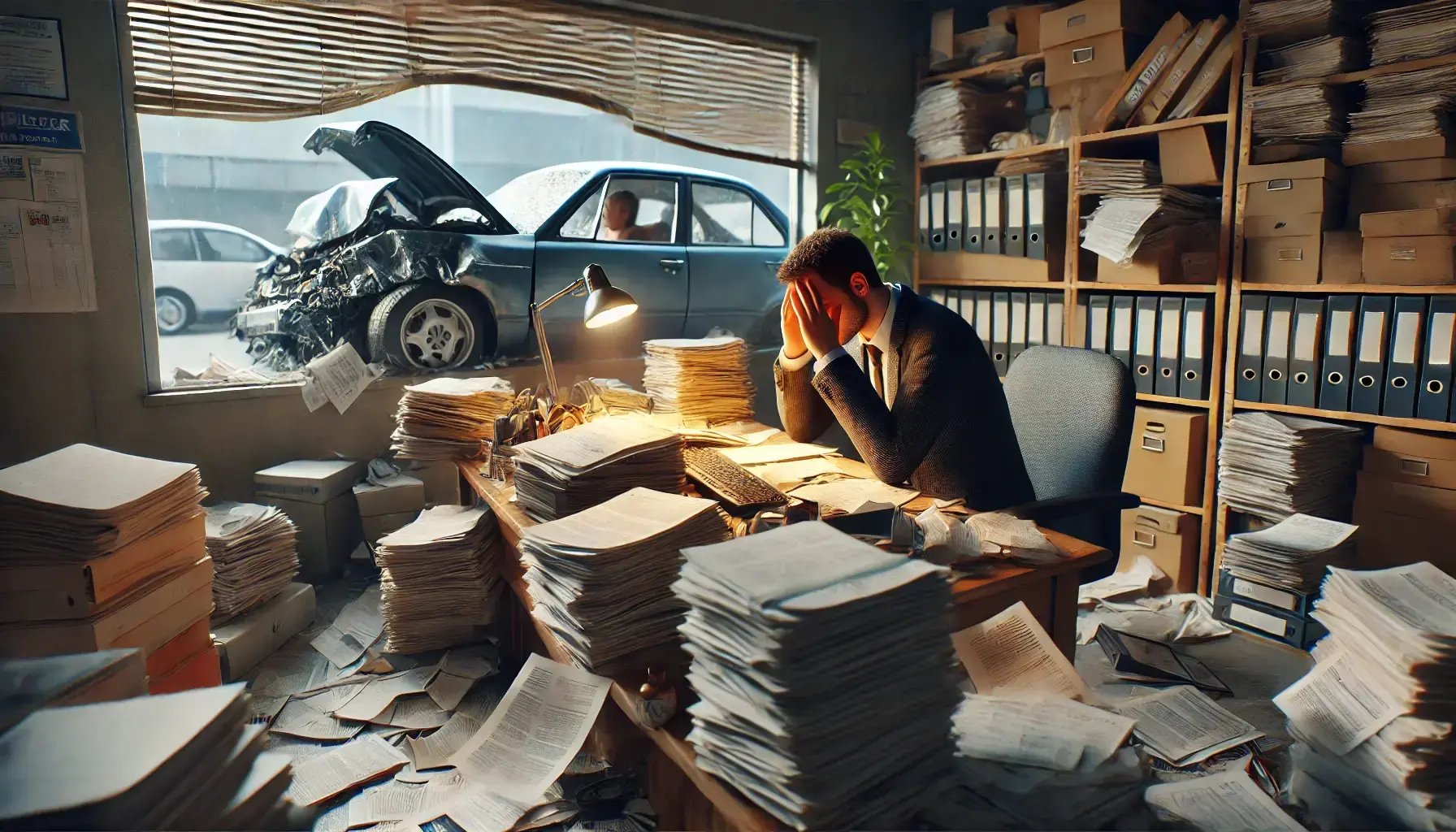 DALL·E 2024-08-28 19.38.57 - A photorealistic image depicting a person who chose not to take legal advice from a lawyer after a car accident and is now facing problems. The scene