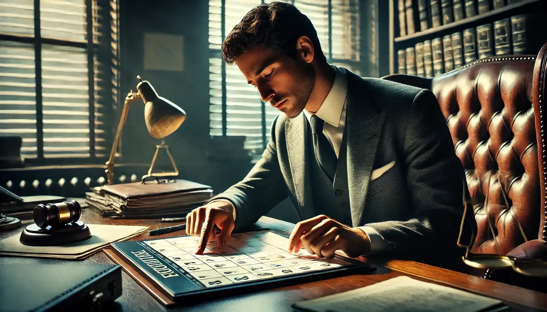 A cinematic and ultra-realistic image of a man in an office setting, focusing intently on a desk calendar as he chooses a date to sue a company. The m