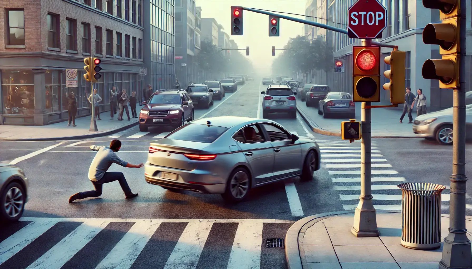 DALL·E 2024-09-13 19.24.05 - A photorealistic image of a man breaking a traffic signal while driving. The scene is set at a busy intersection, with the man speeding through a red