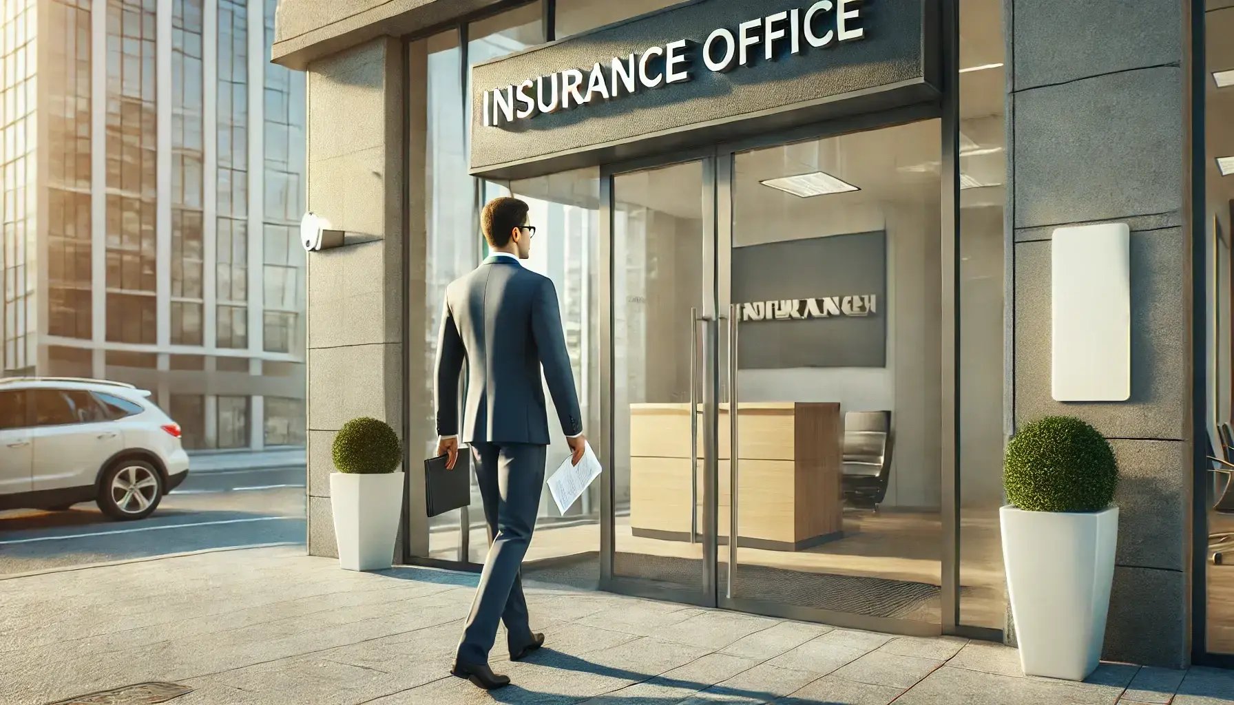 A photorealistic image showing a man approaching an insurance office. The man is walking towards the entrance of a modern insurance office building wi