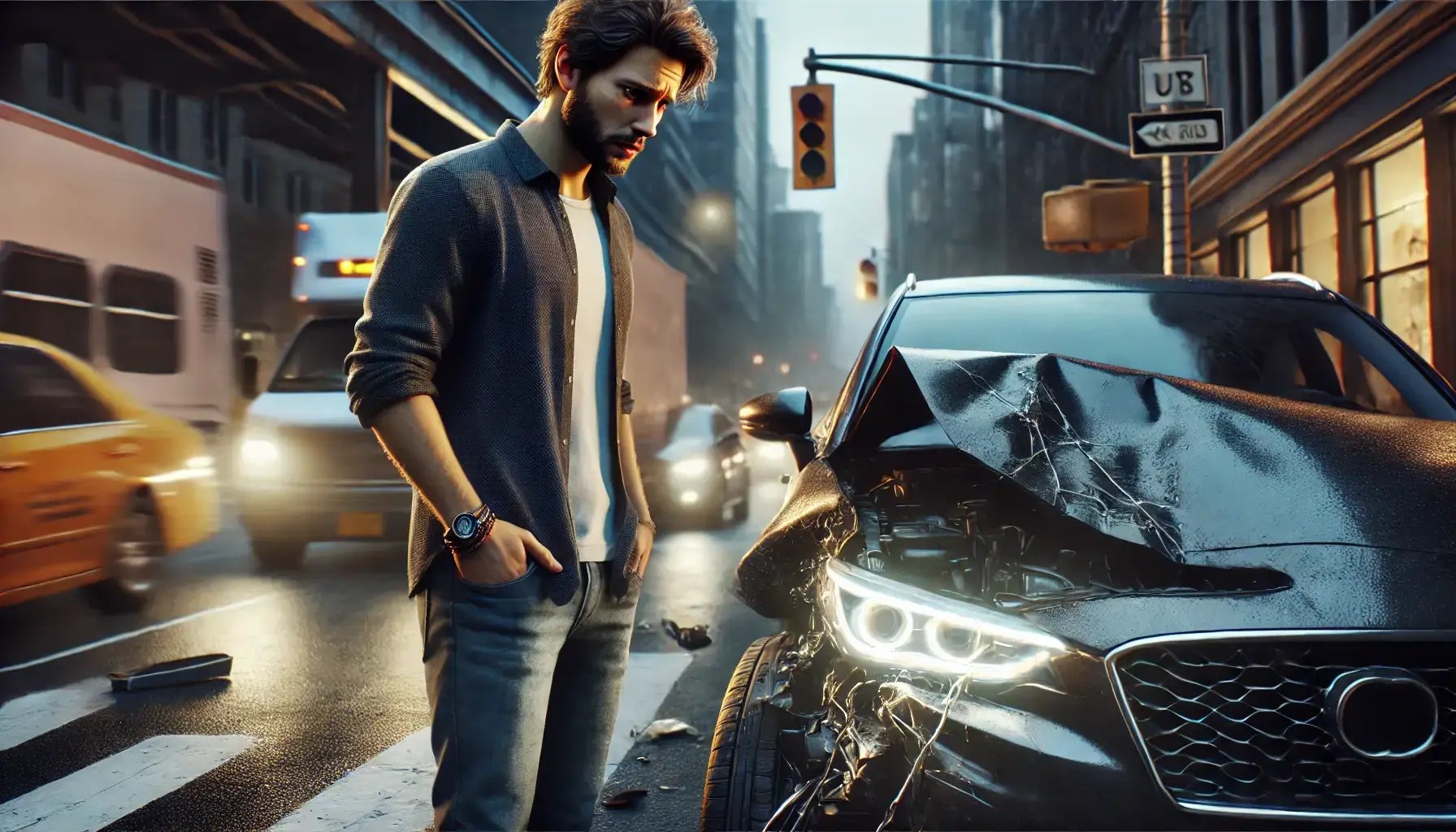DALL·E 2024-10-03 15.49.41 - A hyper-realistic, cinematic scene of a worried man standing next to his car that is damaged from an accident. The man, wearing casual clothes, has a
