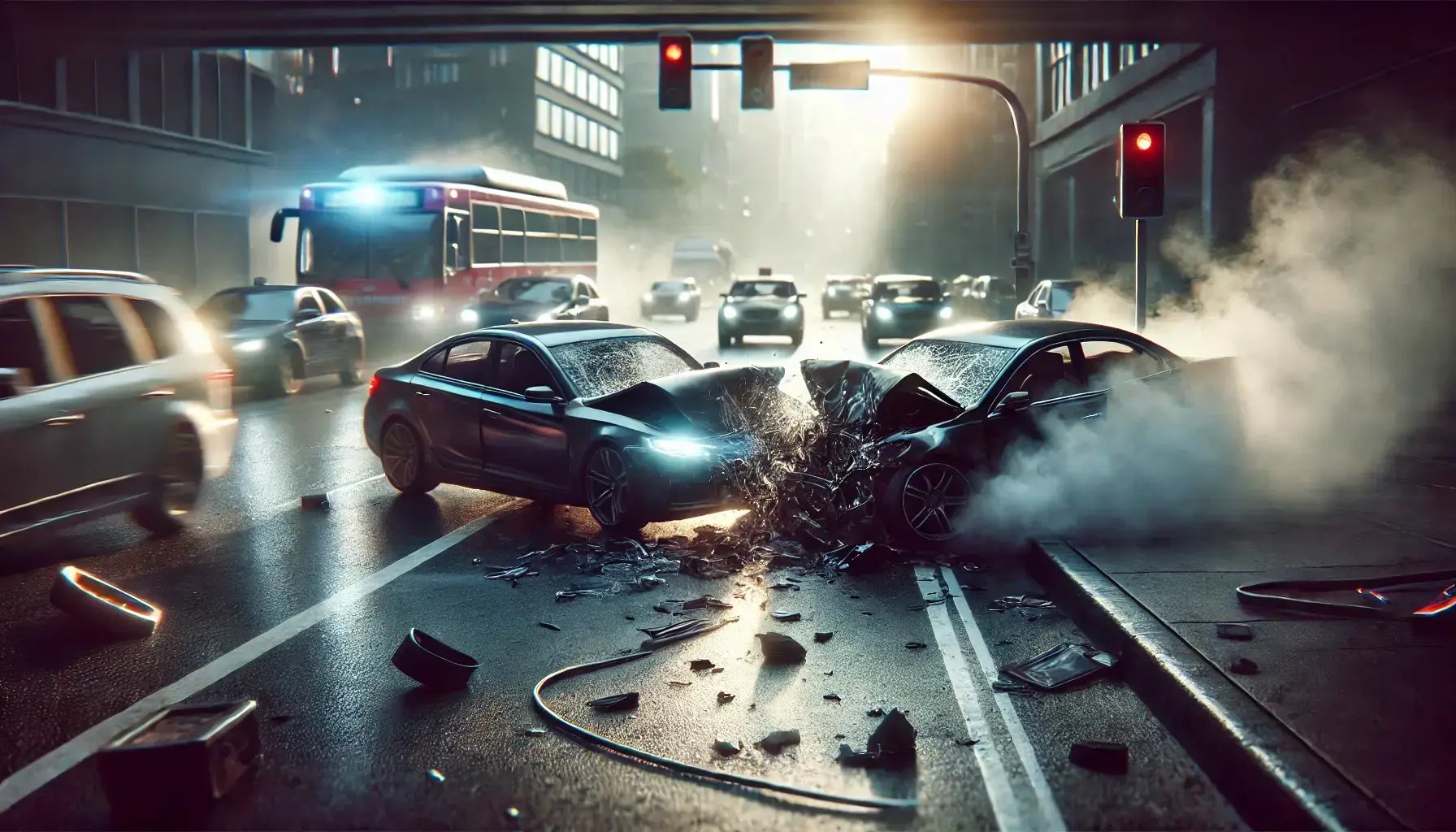 DALL·E 2024-10-03 16.04.03 - A hyper-realistic, cinematic scene of a car accident on a busy street. Two cars have collided, one with a crumpled front and the other with a smashed