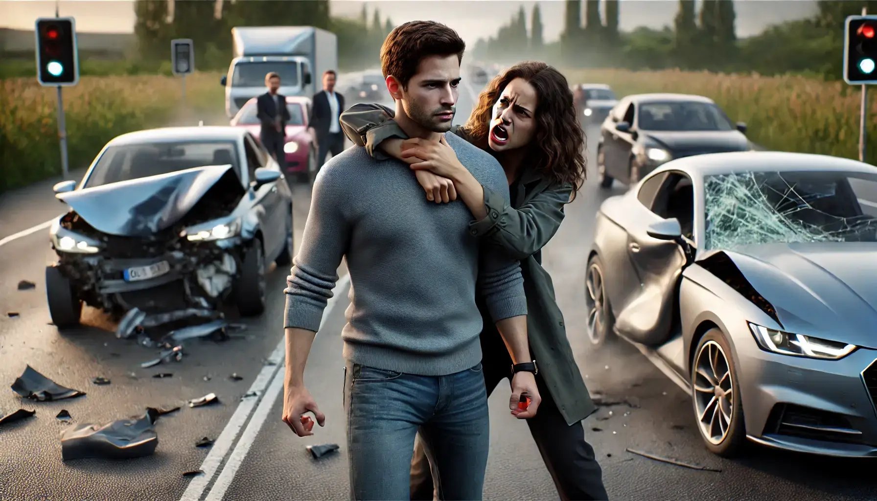 DALL·E 2024-10-16 21.25.56 - A hyper-realistic, cinematic scene depicting two people in a tense moment after a car accident. Person A stands calmly, with a composed and peaceful e-1