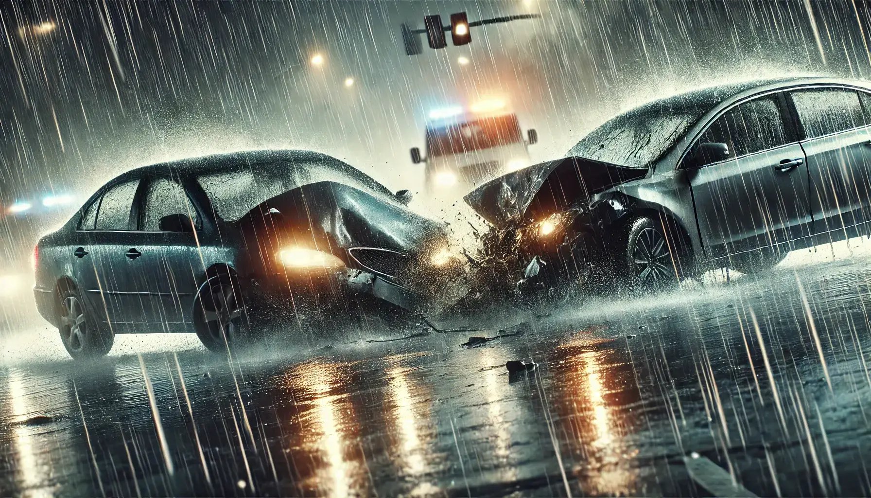 DALL·E 2024-10-24 16.47.15 - A hyper-realistic and cinematic image of a car accident during heavy rain. Two cars are involved in a collision on a wet road, with visible damage to 