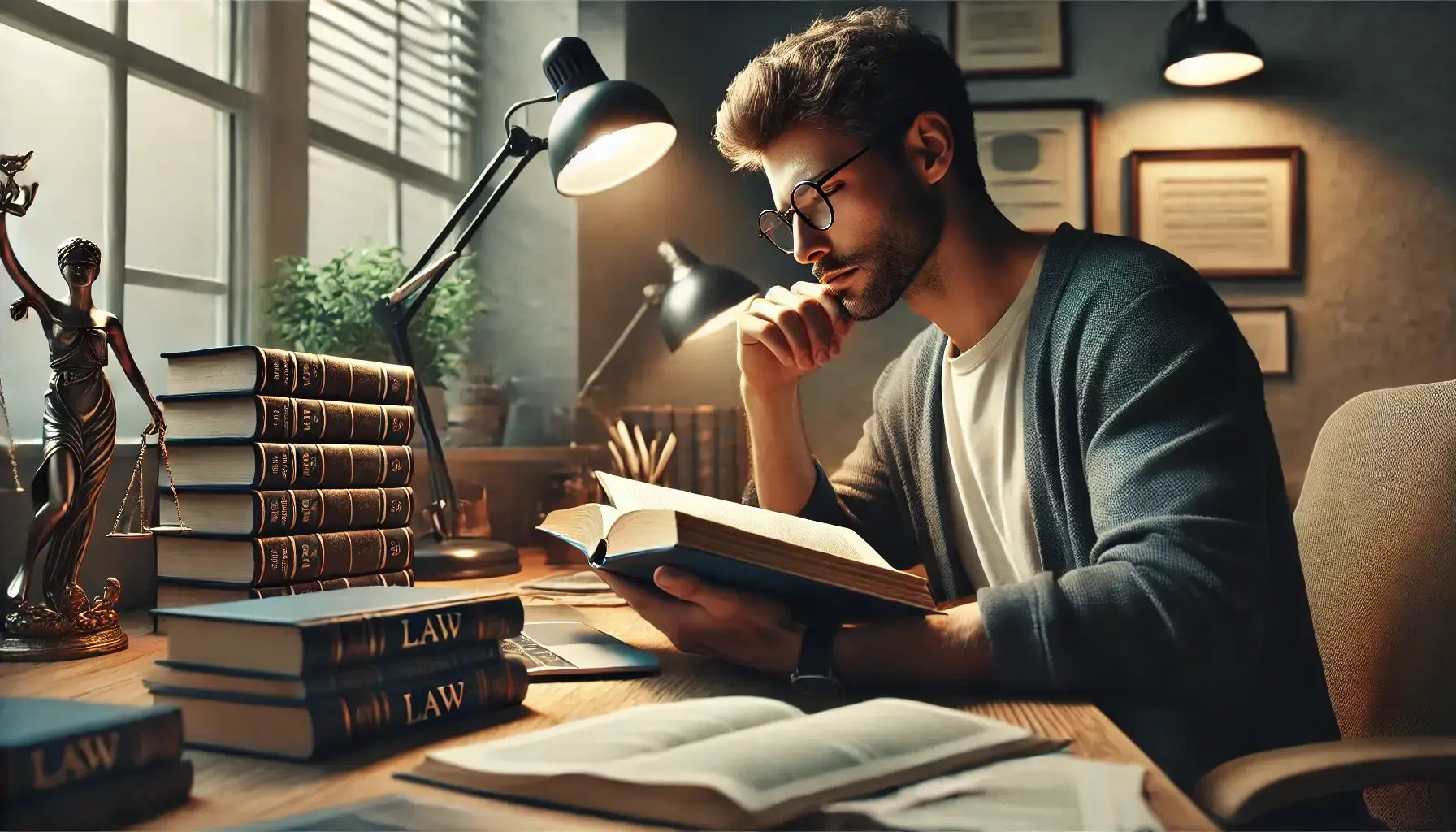 DALL·E 2024-12-17 16.51.15 - A hyper-realistic, cinematic image of a man studying about law in a cozy and focused environment. The man is sitting at a desk covered with thick lega