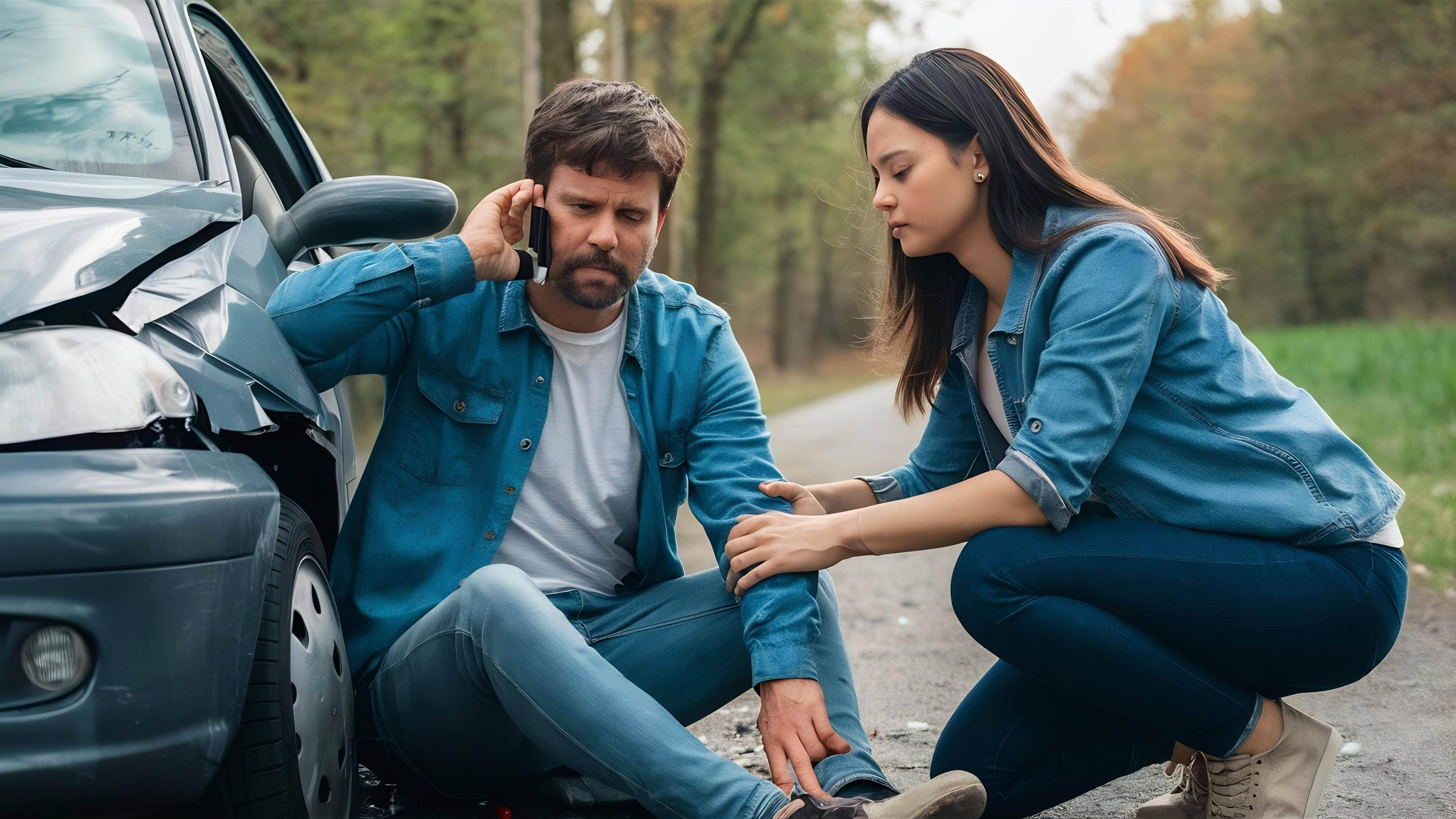 man-is-trying-call-112-while-woman-is-trying-help-injured-after-car-accident-man